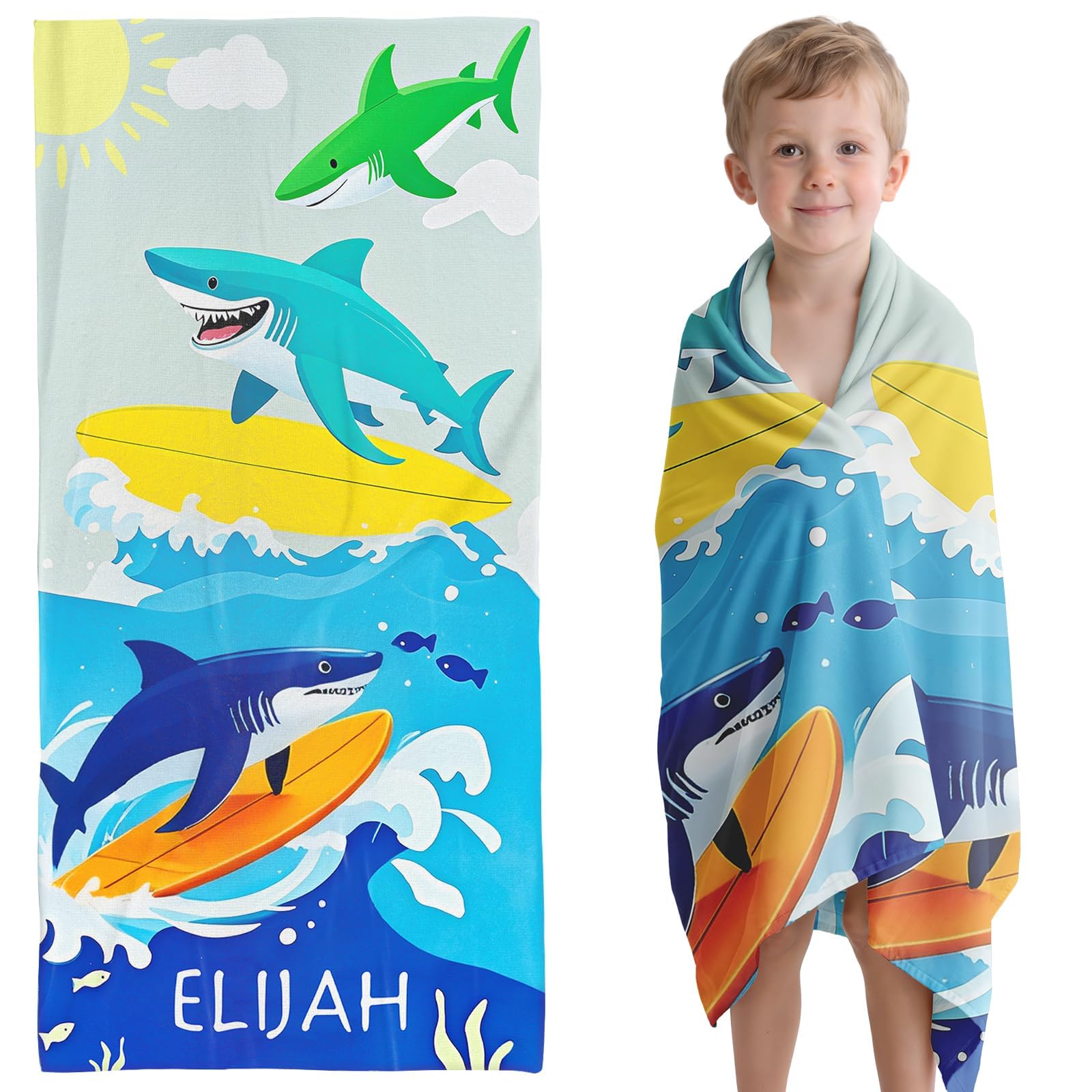 Infiher Personalised Beach Towels for Kids,Custom Kids Monogrammed Towels with Name,Customised 280gsm-420gsm Thick Soft Absorbent Beach Towel for Swim,Bath,Pool,Vacation,Gifts,Boys Shark Towel