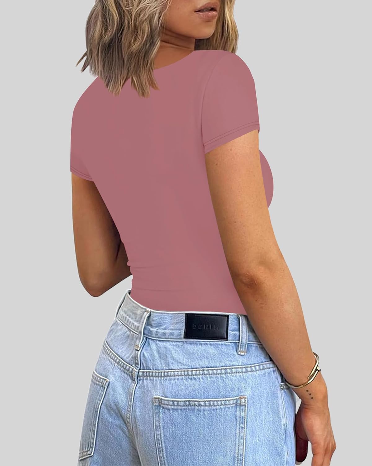 Chunpin Women's Sexy Sweetheart Neckline Bodysuit Tops Short Sleeve Double Lined Thong Bodysuit Outfits Mauve Pink L - Image 5