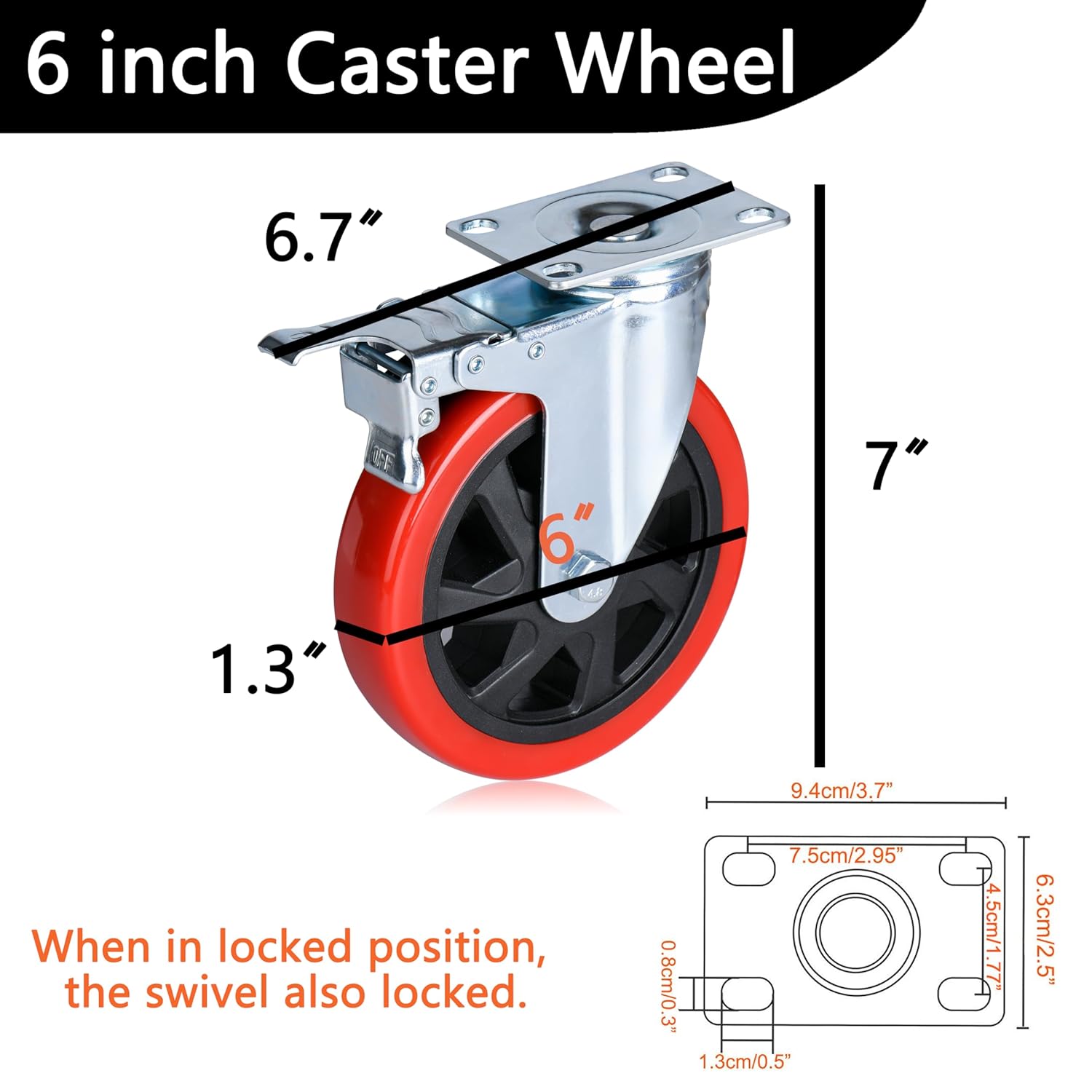 6 Inch Casters Set of 4 Heavy Duty 3000 lbs, Lockable Bearing Plate Caster Wheels with Brakes, Swivel Casters No Noise 360-degree with Polyurethane Wheels for Cart, Furniture,Workbench,Cabinet