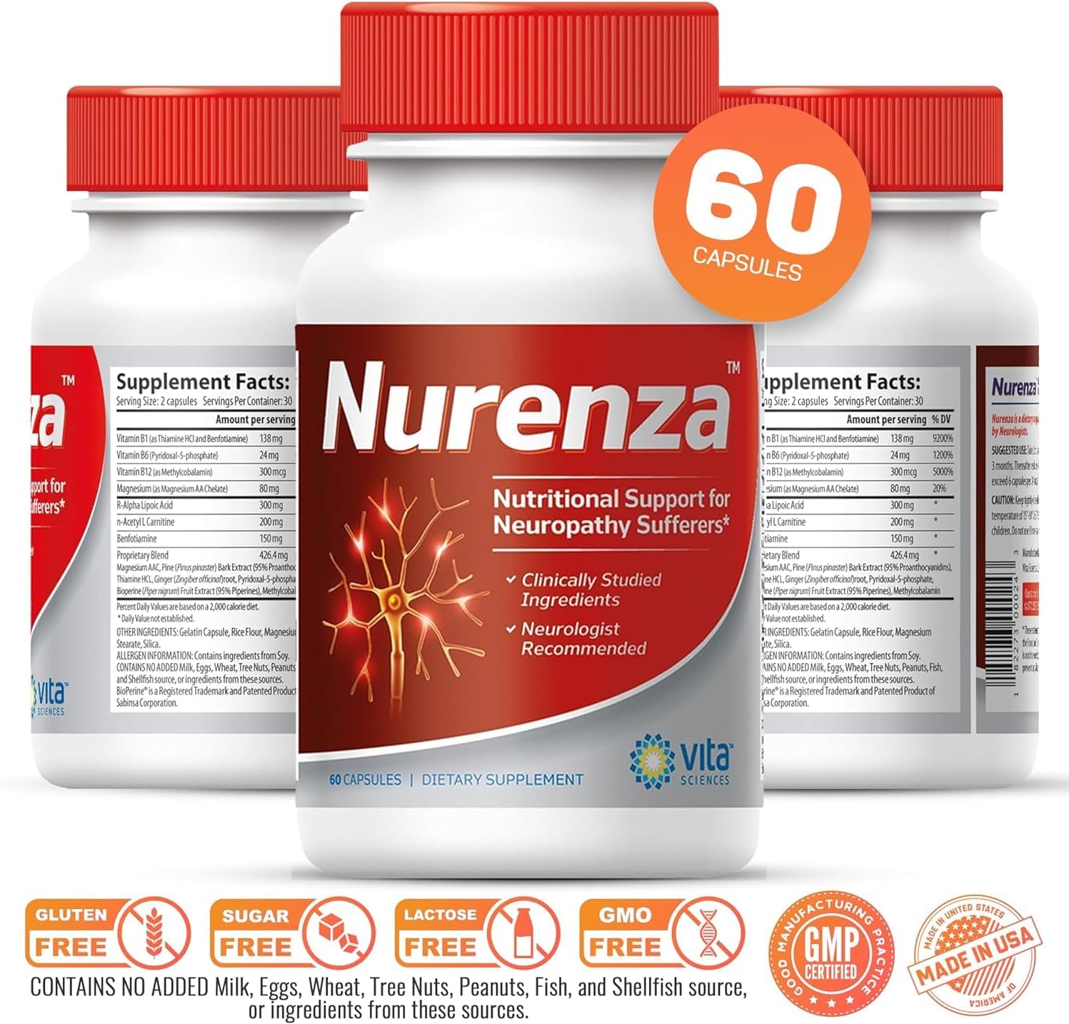 Vita Sciences Nurenza Neuropathy Relief Supplement 40x Strength Natural R-ALA Form for Nerve Health, Fast Repair w/ Vitamins, Antioxidants Revitalizing Feet, Hands, Legs, and Toes. 60 Ct. - Pack of 6