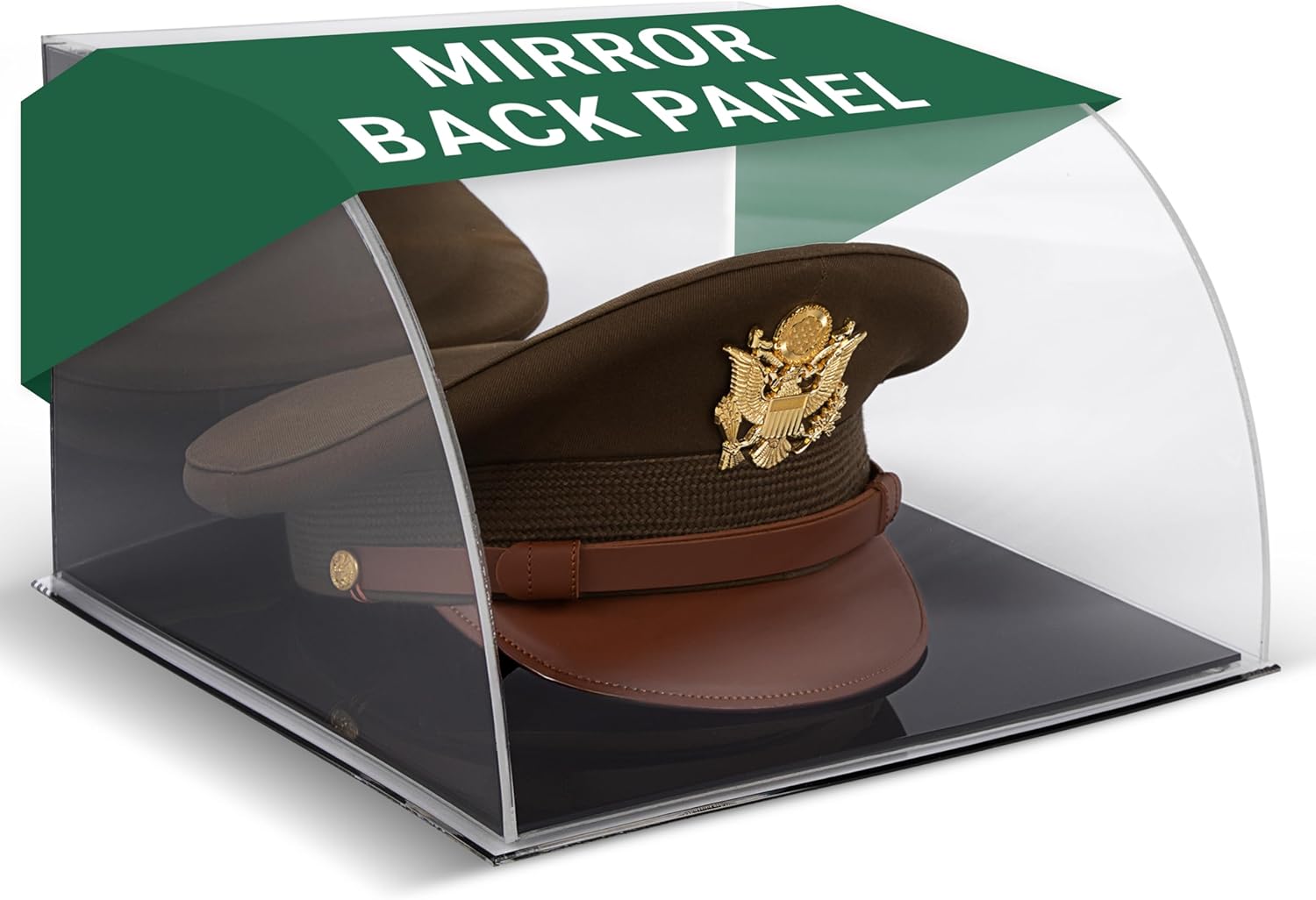 Clear Hat Display Case – Military Hat Display Case for Police, Acrylic Showcase Box with Mirror Back & Black Base — for Army, Navy, Air Force, Marines, Chauffeurs, or Service Caps
