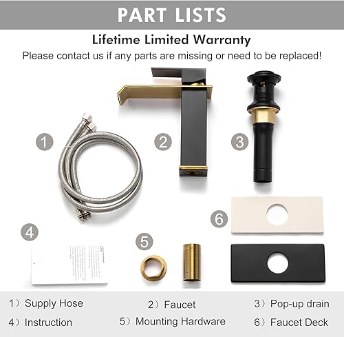Miniatura 7 de Grifos de baño en cascada de 1 agujero, negro mate y dorado brillante, grifo de lavabo de acero inoxidable sin plomo de un solo orificio con drenaje