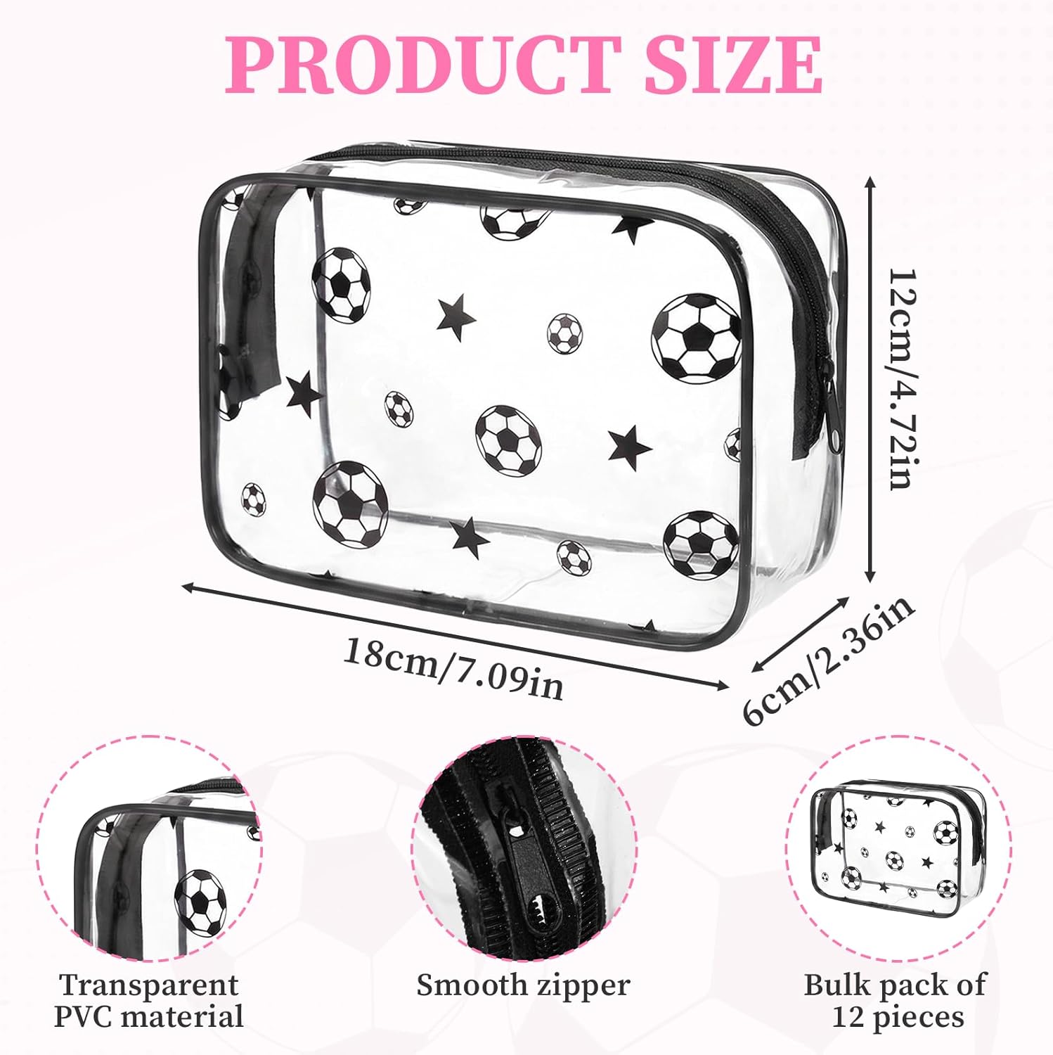 12 Pcs Cosmetic Bags Soccer Gifts for Women Bulk Soccer Party Favors PVC Clear Makeup Bag Toiletry Bag for Team Sport Party Team Accessories Goodie Bags Christmas Gift for Women Coach Players(Black)