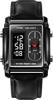 Sport Digital Watch for Men, Men Waterproof Outdoor Watches for Boy, LED Digital Watch Outdoor Military 3 Time Zone Quartz Analog Black Watch Square Case Stopwatch