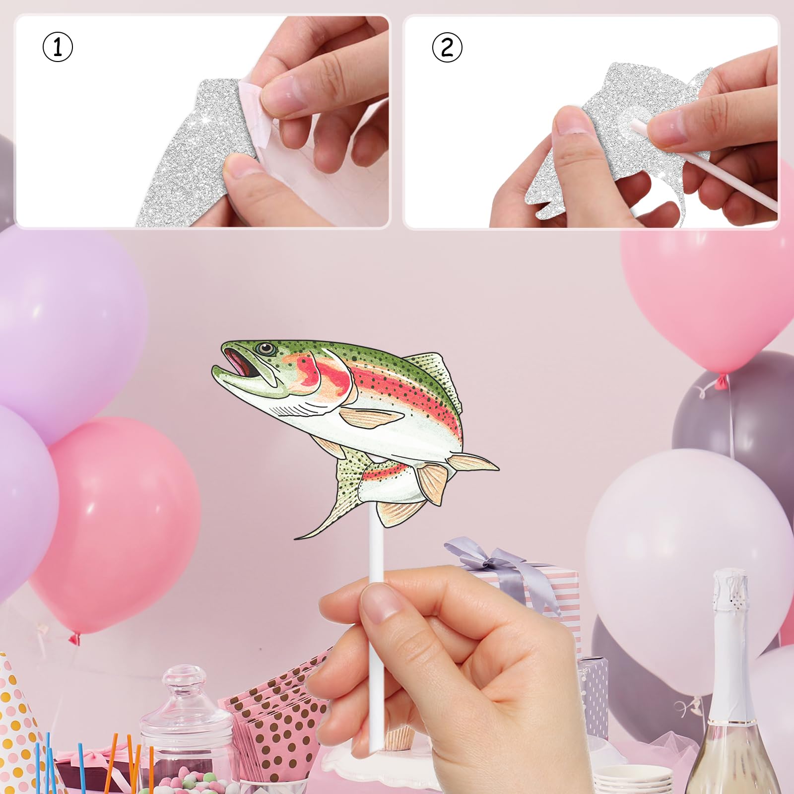 Goldener Angelkuchenaufsatz – Fischer-Design Mit Bambusstab, Für Angelgeburtstage & Outdoor-Partys