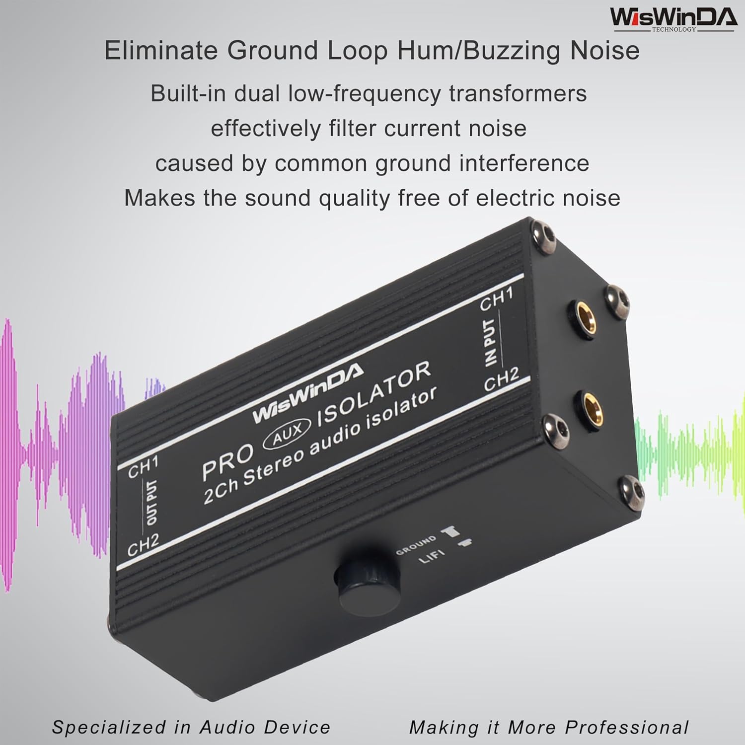2Channels Pro 3.5mm Aux Noise Filter Box Aluminum Alloy Ground Loop Isolator for Eliminating Audio Hum/Buzzing Noise with Ground Switch(WD-AUX-PRO S018S)