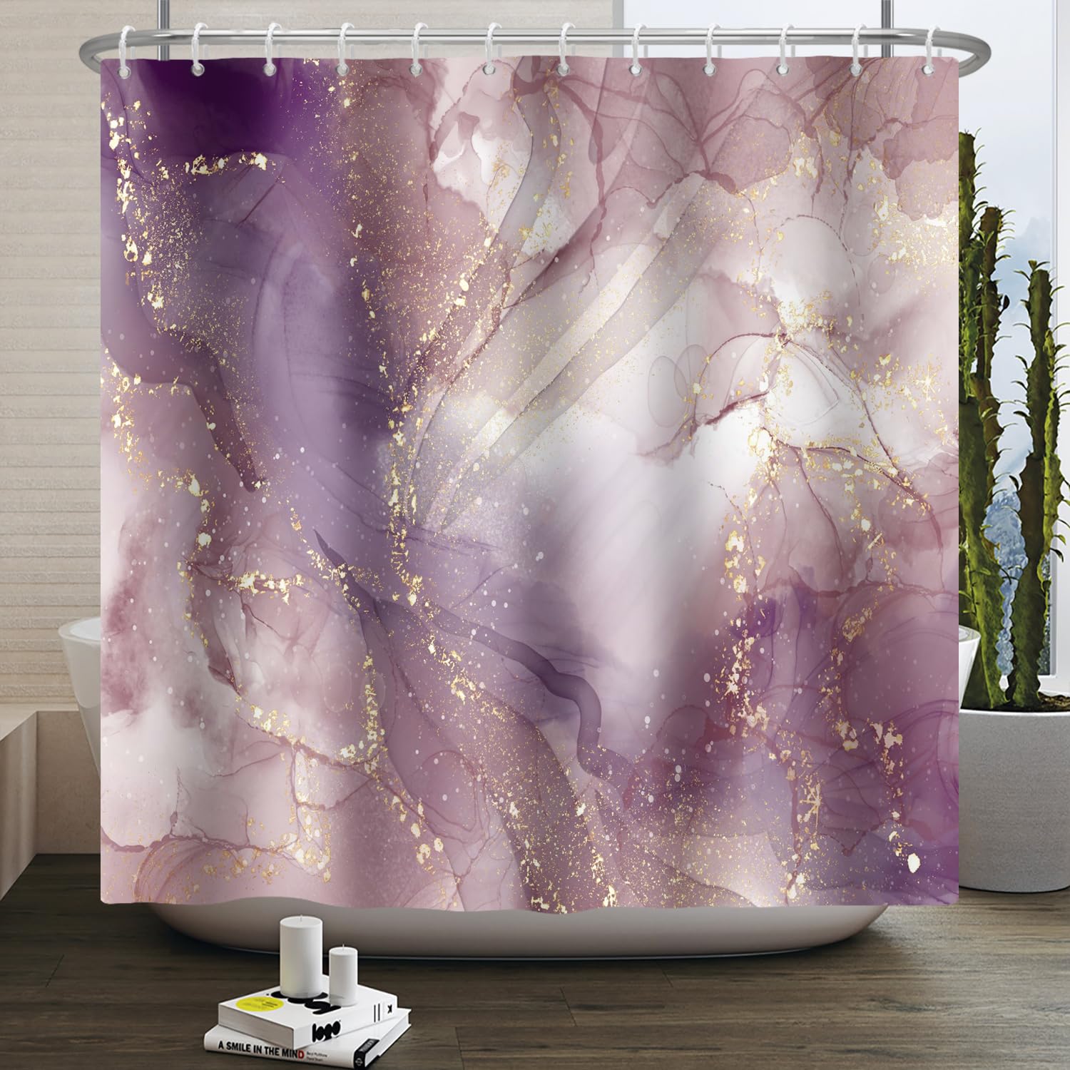 SDOTPMT 180x180cm Purple Abstract Marble Shower Curtain Golden Sequins Swirl Texture Bath Curtain Modern Classic Aesthetic Bathtub Curtain for Women Bathroom Decor Polyester with Hooks — image 1