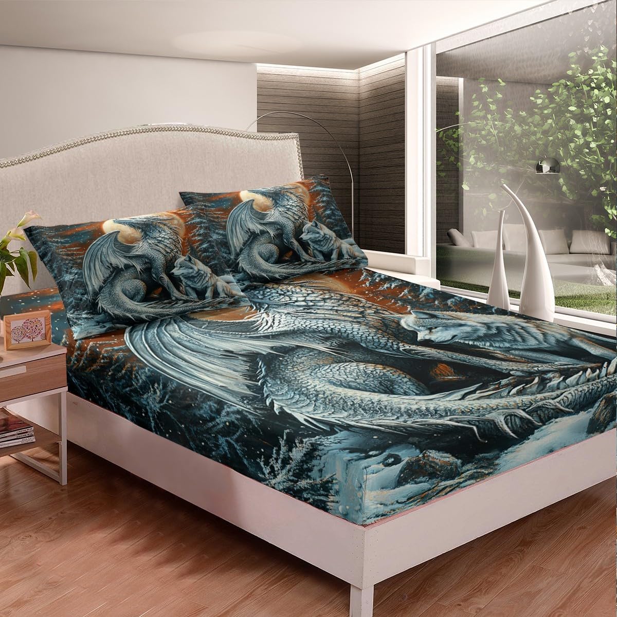 Dragon Wolf Fitted Sheet Queen Size 3D Western Wildlife Bedding Set 3Pcs(No Flat Sheet) Magical Jungle Animal Bed Sheet for Boys Girls Teens Room Decor Mysterious Moon Night Deep Pocket Sheet