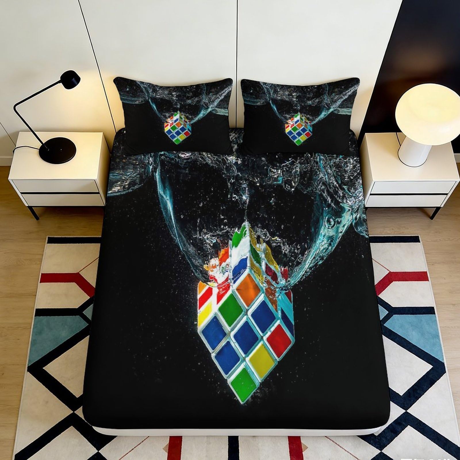 3D Printed Splash Art Fitted Sheet, Microfiber Soft Touch, Abstract Cube Bed Cover for Home Bedroom, Wrinkle Resistant, Apartment Bedding, 120x200x25cm