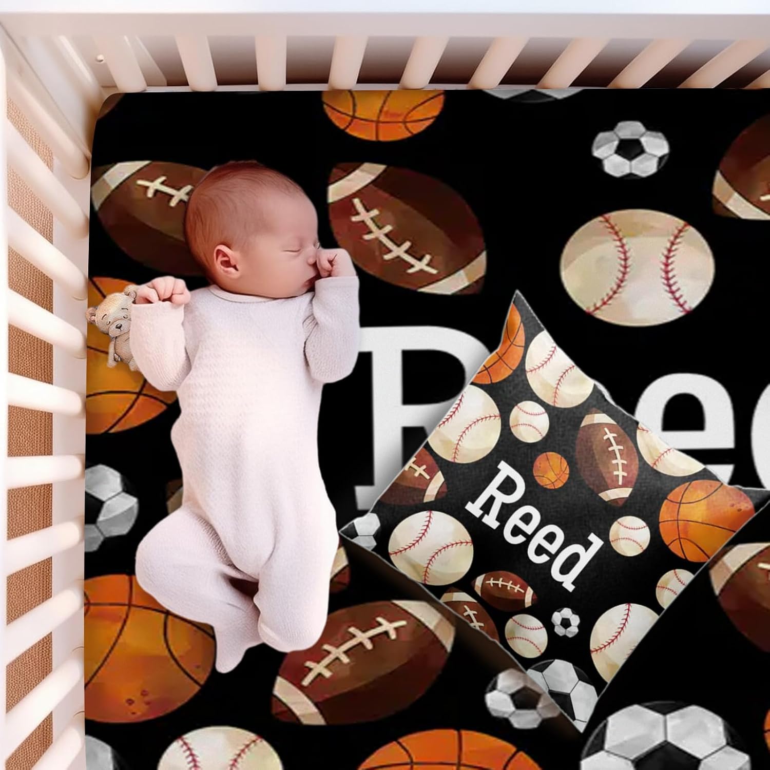 Personalized Crib Bedding Set for Boys, Custom Name Football Theme Nursery Bedding 3 Piece Set - Soft Flannel Blanket, Warm Crib Sheet, Pillowcase for Girls Baby Newborns Customized Gift Black