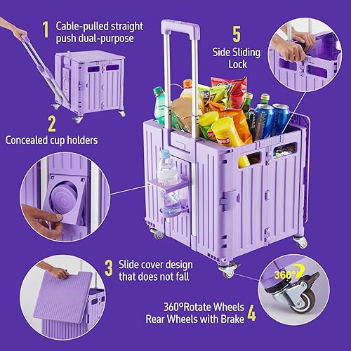 Miniatura 3 de Carrito utilitario plegable portátil, carrito de compras, carrito de compras, caja de herramientas plegable, con tapa, cesta en 4 ruedas giratorias,