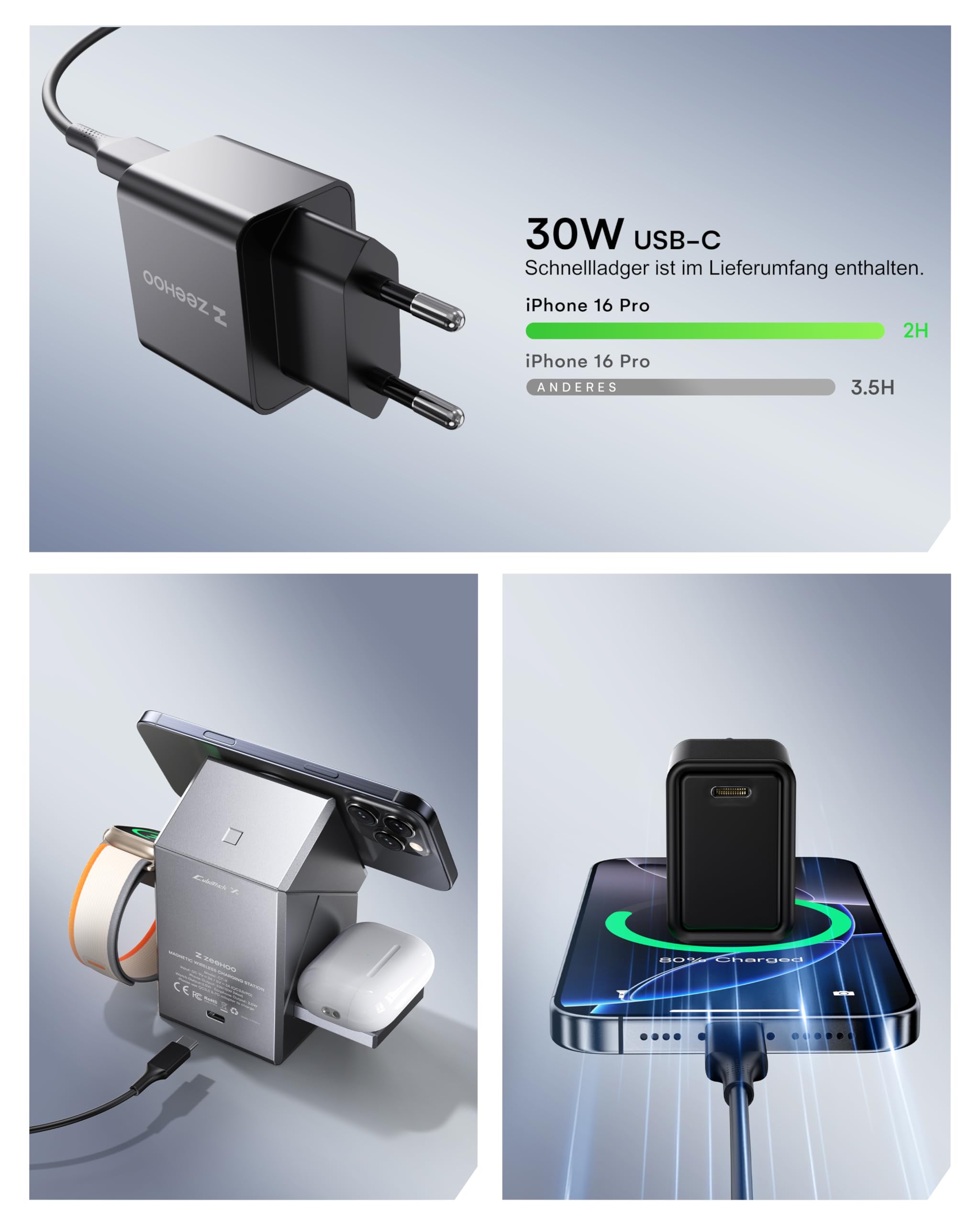 ZEEHOO 3 in 1 Ladestation for Apple Magsafe Ladegerät, CubeTrick-X 15W Wireless Charger für iPhone 16 15, 14, 13, 12 Serie,für Apple Watch und AirPods (30W USB-C Ladegerät enthalten)