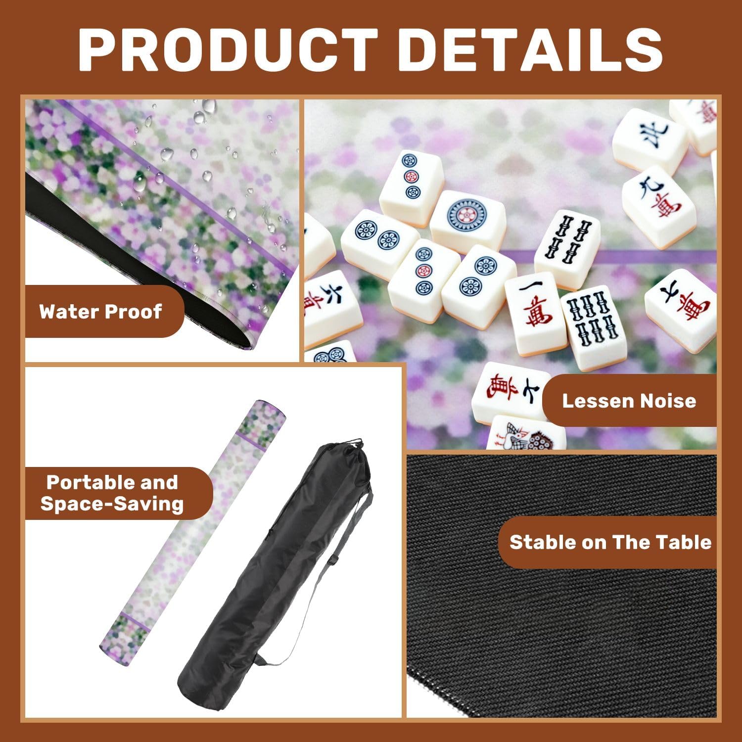 Mahjong Mat with Carrying Bag 31.5" x 31.5" Non-Slip Noise Reduction Floral Pastel Watercolor Soft Purple Frame Abstract Blossoms Table Mat for Mahjong Poker Dominoes Card Board Tile Games