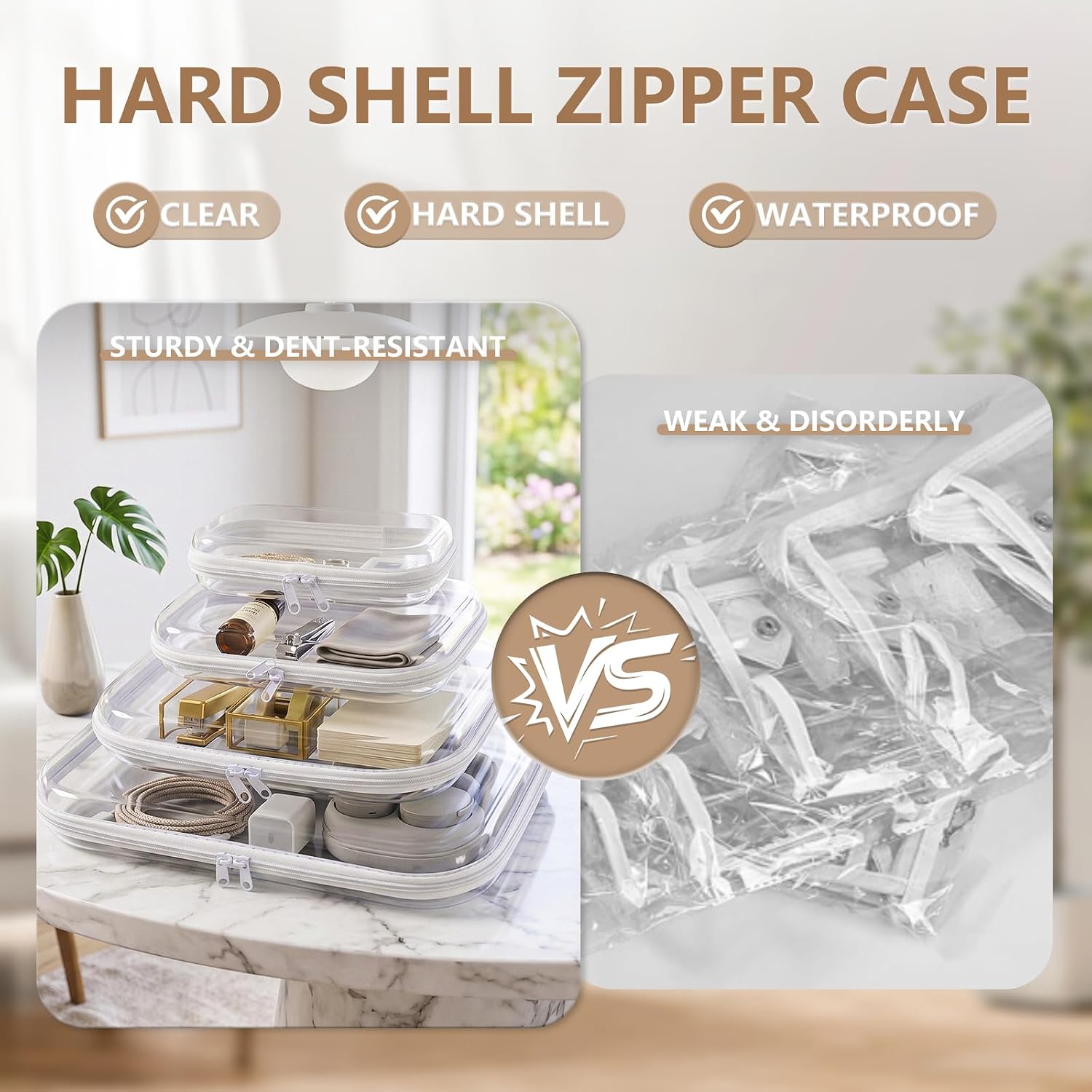 TenKa Clear Hard Shell Zipper Case, 6 Pack Extra Large Clear Zipper Pouches for Travel, Waterproof Hard Plastic Storage Bags for Office Supplies, Toys, Toiletry & Makeup (2M+2L+2XL)