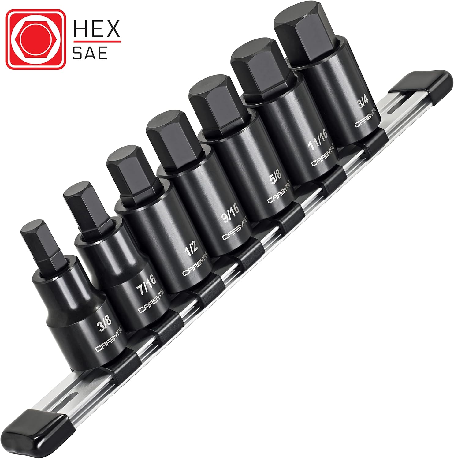CARBYNE 7 Piece SAE Hex Bit Impact Socket Set (3/8” to 3/4”) AND 7 Piece Metric Hex Bit Impact Socket Set (9mm to 15mm). S2 Steel Bits | 1/2" Drive.
