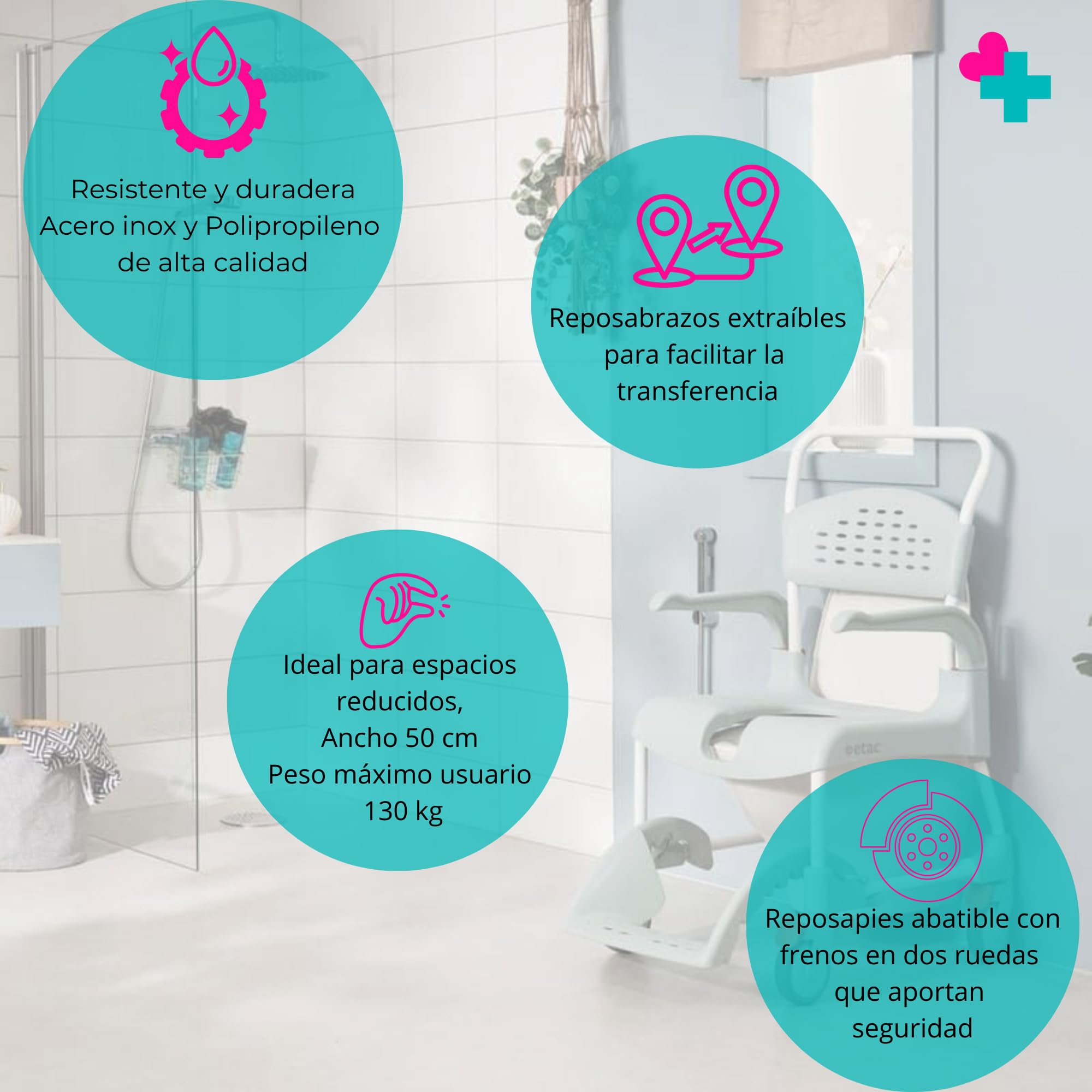 Silla de Ducha y WC con Ruedas | Silla Baño con Inodoro Integrado | Silla Ortopédica con Reposabrazos y Respaldo | Frenos de Seguridad | para Personas Mayores y Movilidad Reducida