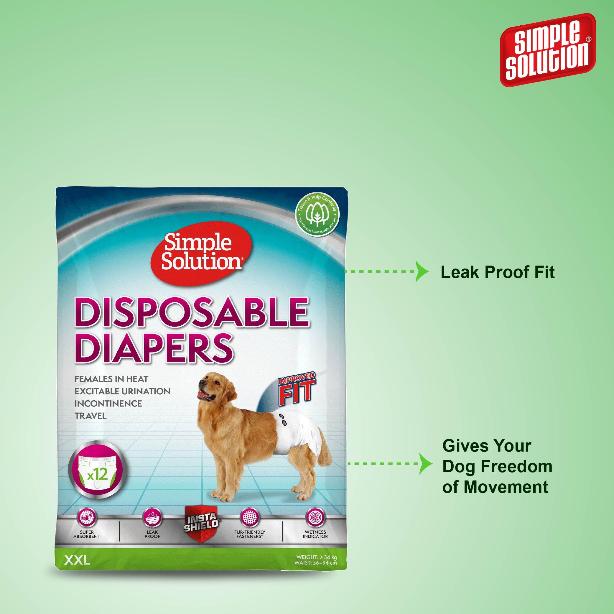 Simple Solution Nuovi ‘True Fit’ Pannolini Monuso per Cani Femmina con Idicatore di Bagnato XXL – 12 pezzi