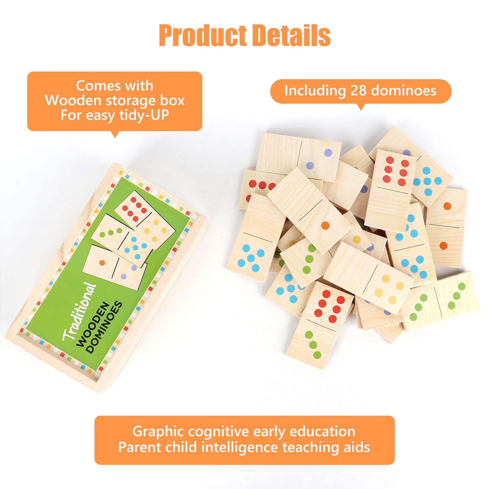 Hojalis Wooden Dominoes Set, 28 Pieces Portable Kids Dominoes with Storage Box - Image 3