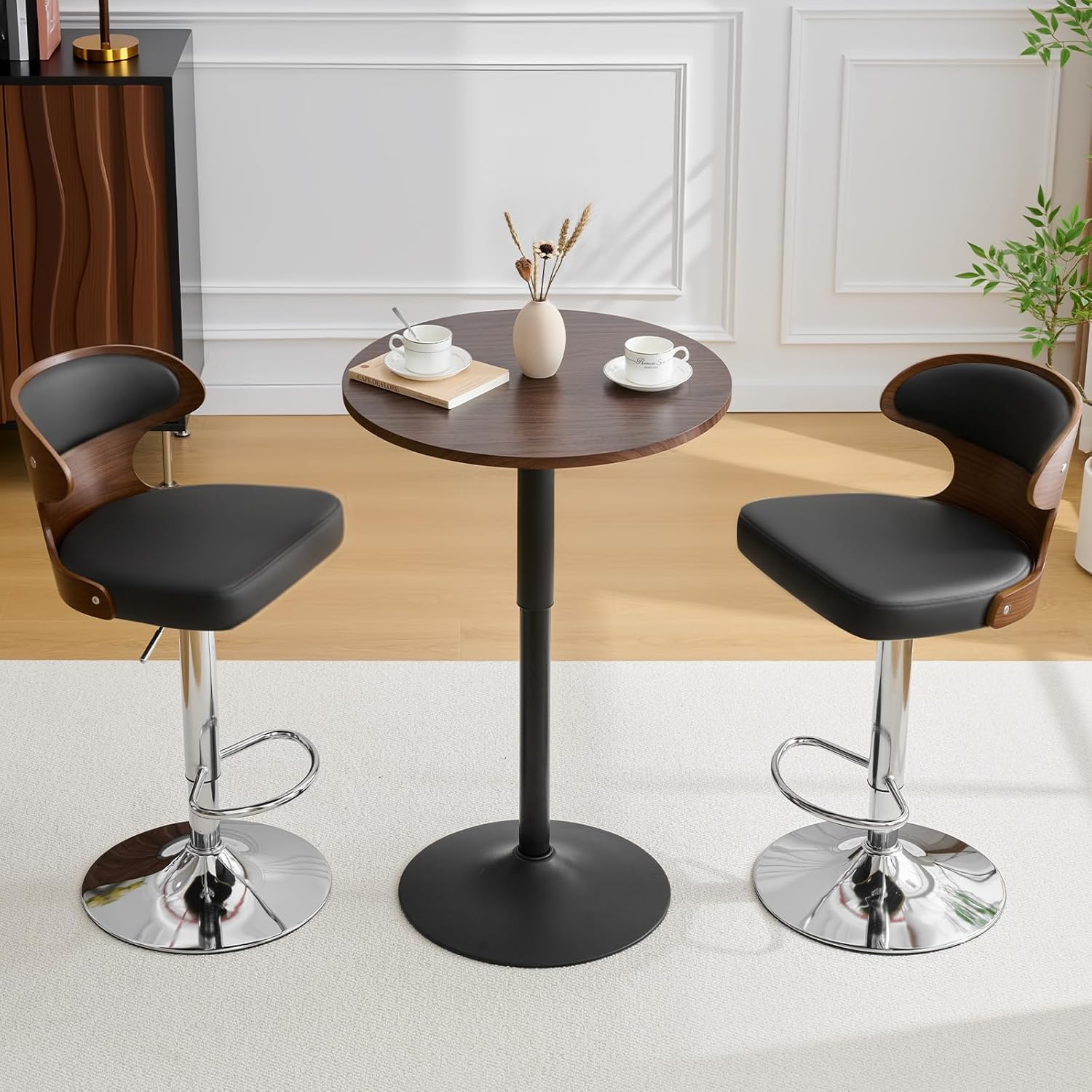 Round Pub Table with Sturdy Metal Base, Height-Adjustable Cocktail Bar Table (27-36 Inches) Modern Style Bistro Table for Kitchen, Dining & Small Spaces (Black)