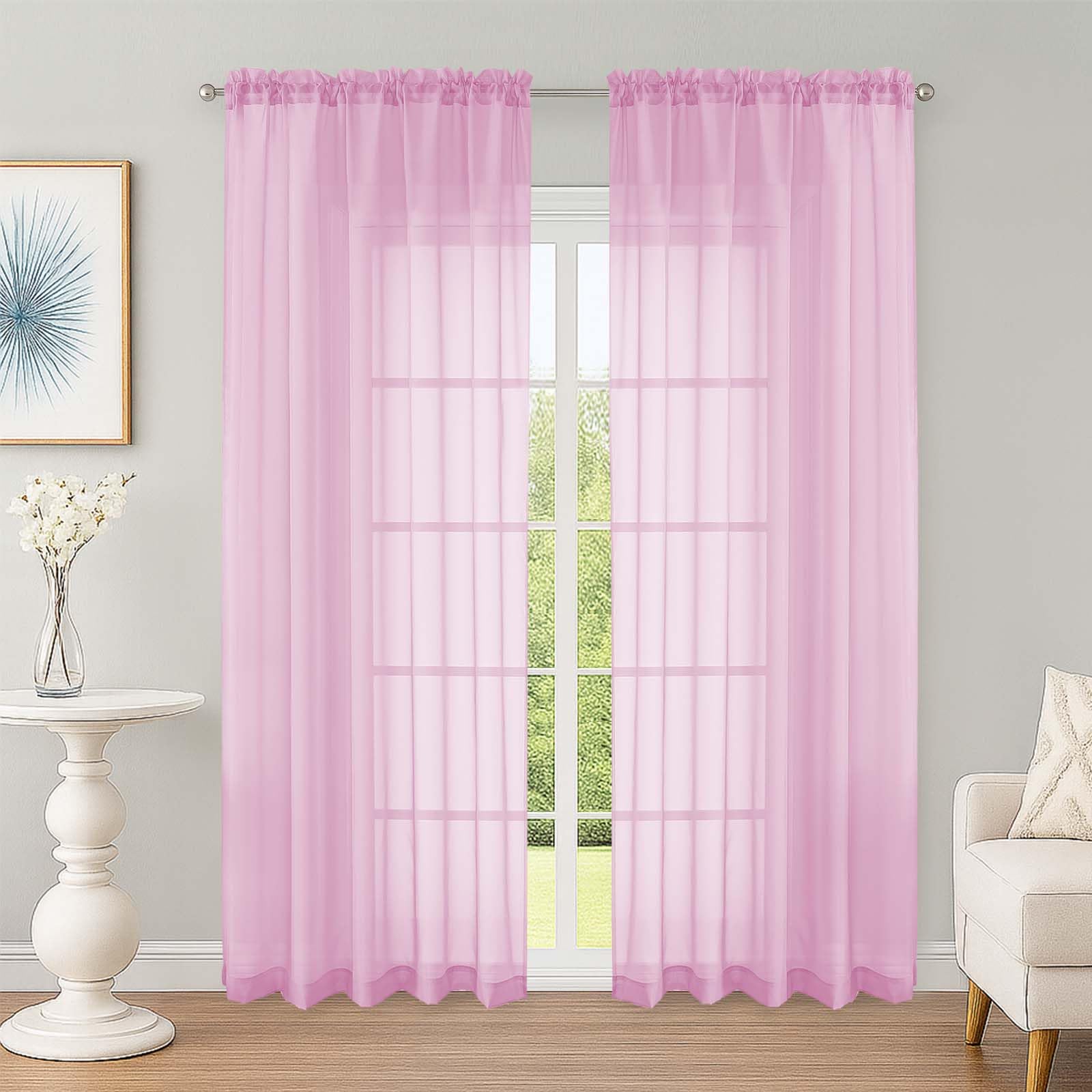 Sheer Curtains 84 Inches Long 2 Panels Set, Sheer Pink Curtains for Living Room Bedroom 59 Inch Extra Wide, Modern Voile Filmy Rod Pocket Drapes, 2 Pcs, Each 59 W x 84L, Pink