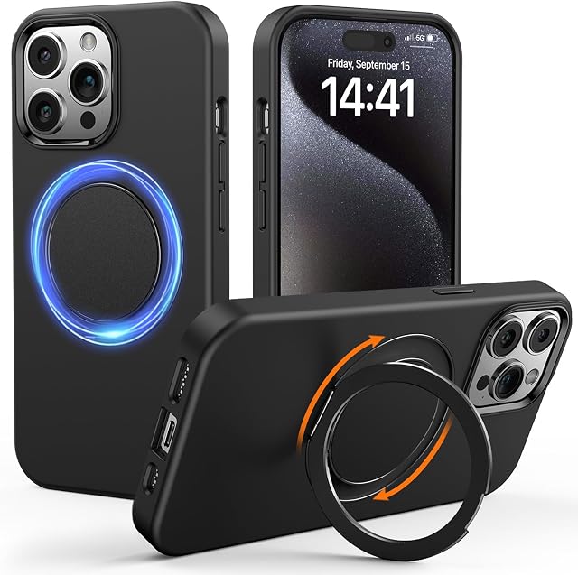 Gatatol for iPhone 15 Pro Max Case, [Compatible with MagSafe] Fusion+ Silicone Shockproof Slim Fit Phone Case with 360° Rotating Magnetic Ring Holder Kickstand 6.7" (Black)