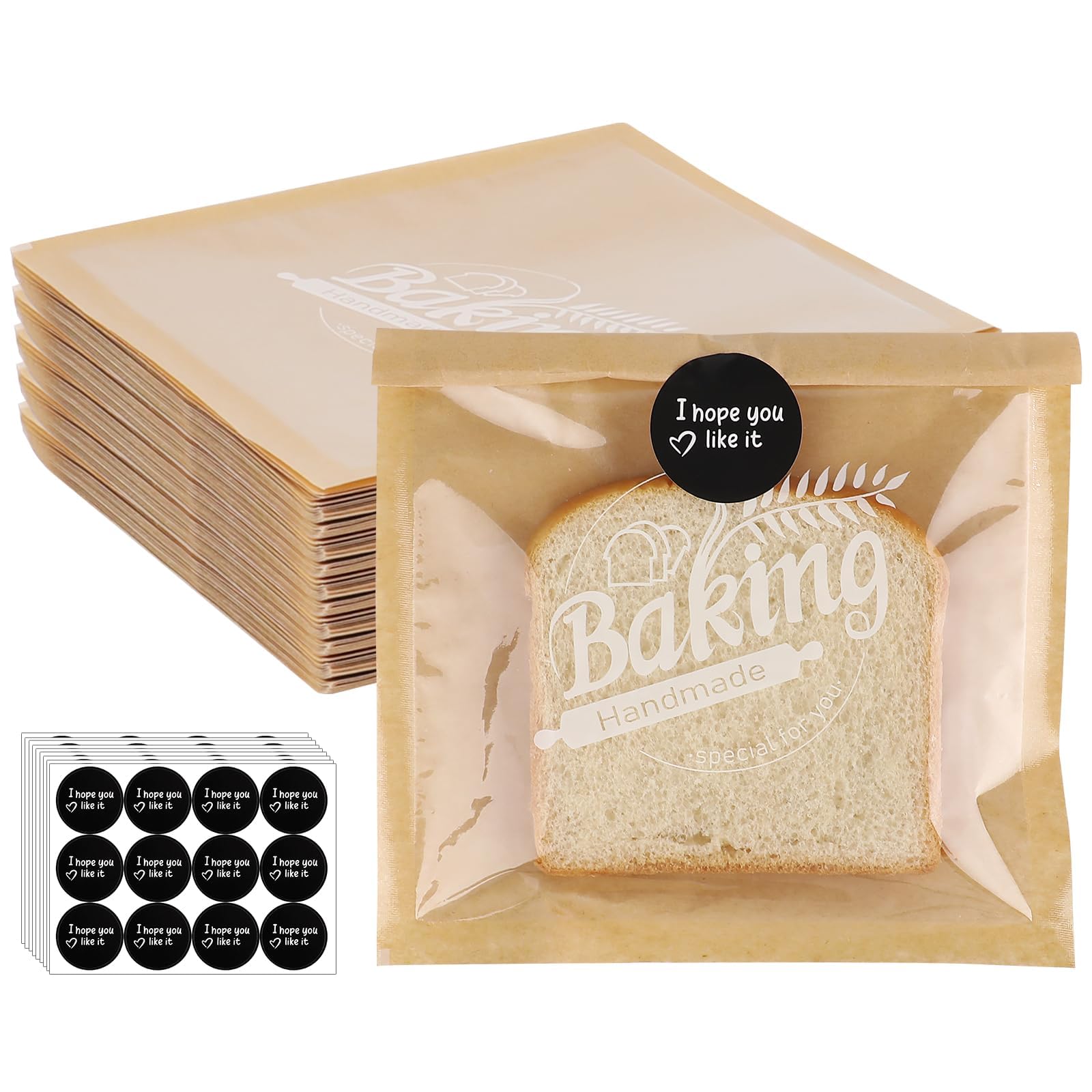 100 Pcs Kraft Paper Sandwich Bags with Stickers, Reusable Food Lunch Bags, Heat Sealable Bakery Bags with Front Clear Cellophane Window to Display Sweets Cookies Pastry Snacks,Baking Packaging,18x19cm