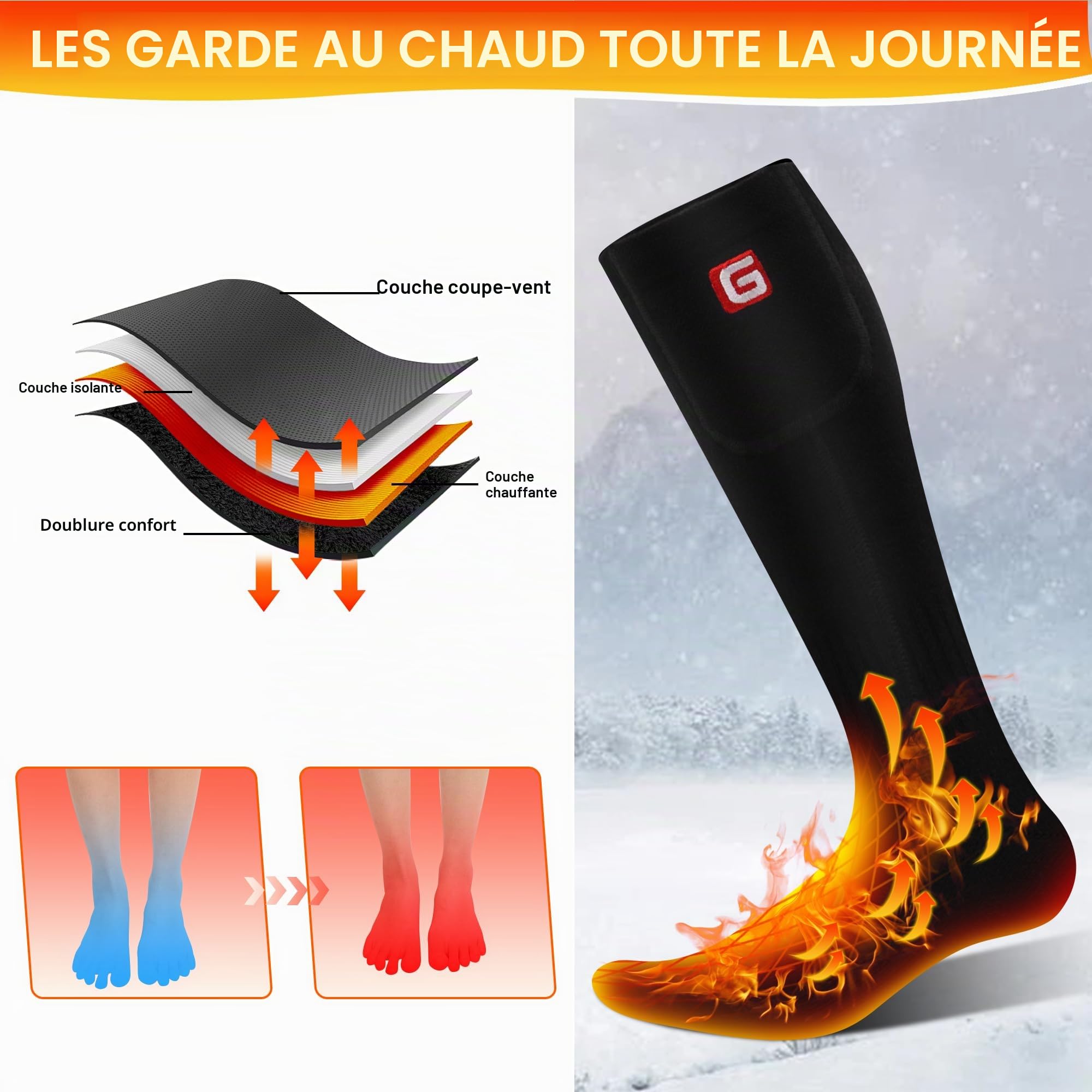 Svpro Chaussettes chauffantes électriques Rechargeables Hommes Femmes Thermo-Chaussettes alimentées par Batterie Camping Froid Randonnée Chaude Chaussettes d'hiver(