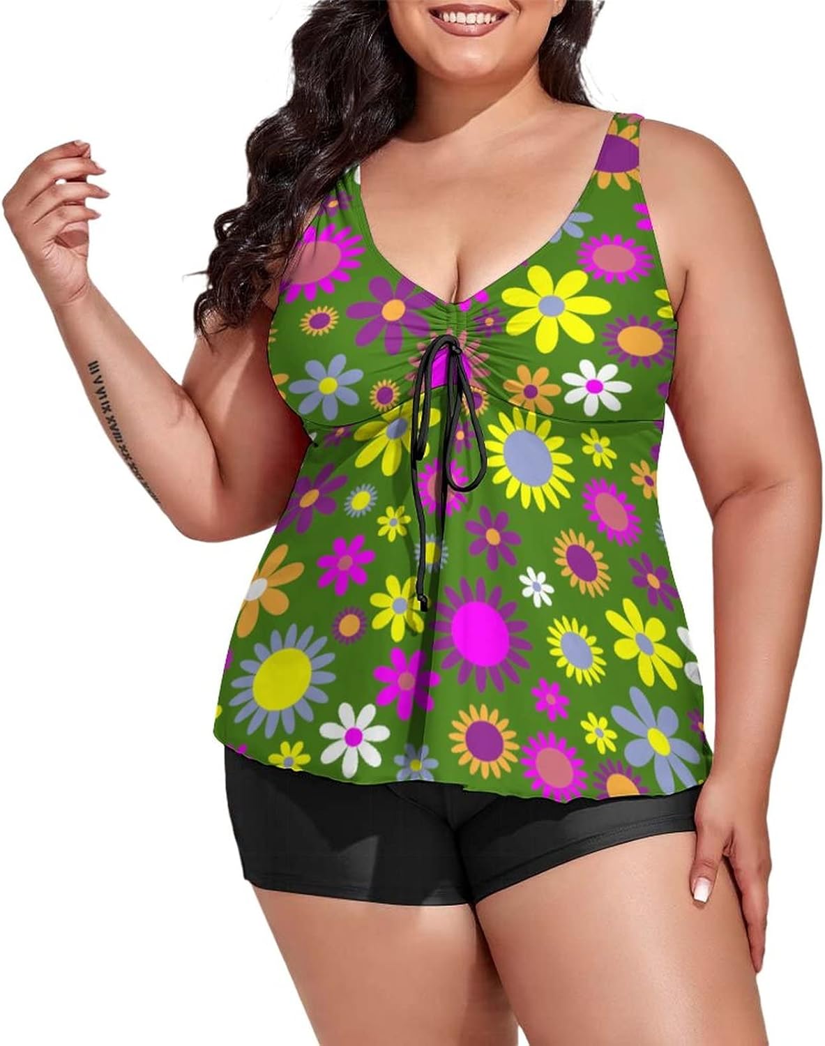 Plus Size Tankini Swimsuit for Womens Floral Flower Seamless Pattern Tankini Bathing Suit Tummy Control Swim Dress Two Piece Spring Summer Flower Swimsuits with Top/Boyshorts