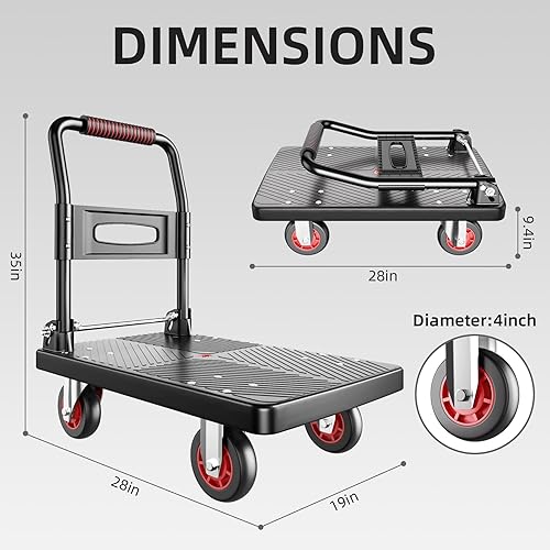 Miniatura 2 de Carrito de empuje plegable mejorado, plataforma móvil de 560 libras de capacidad, resistente ahorro de espacio, ruedas silenciosas TPR de 360 grados