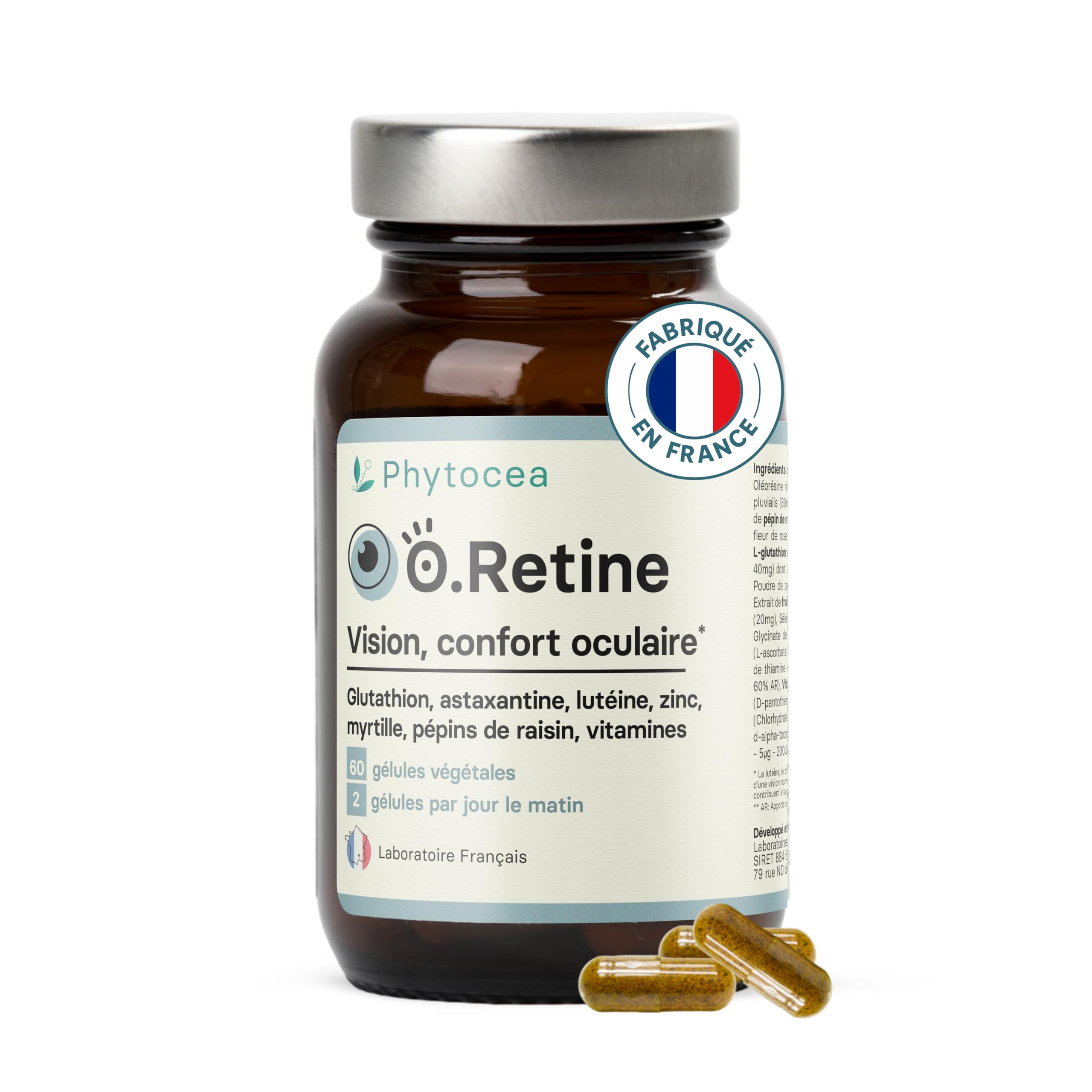 O.Retine | Complément Alimentaire Pour le Confort Visuel & la Vision Nocturne | Lutéine, Glutathion, Vitamines | Antioxydants Pour Yeux Secs et Irrités | 60 Gélules | Fabriqué en France