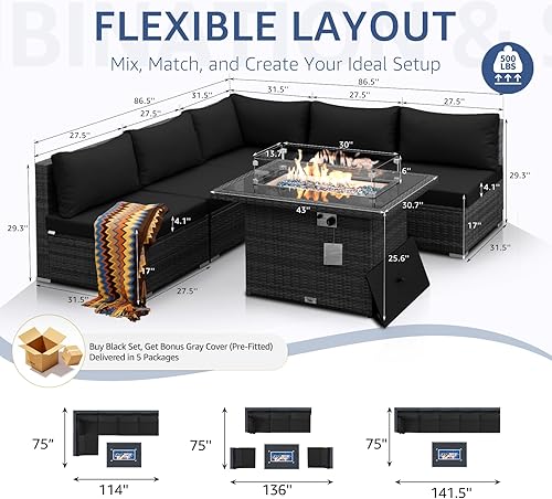 Miniatura 6 de NICESOUL Muebles de mimbre de polietileno moderno de respaldo alto, juegos de sofá seccional con mesa de fogata de propano 55000 BTU para