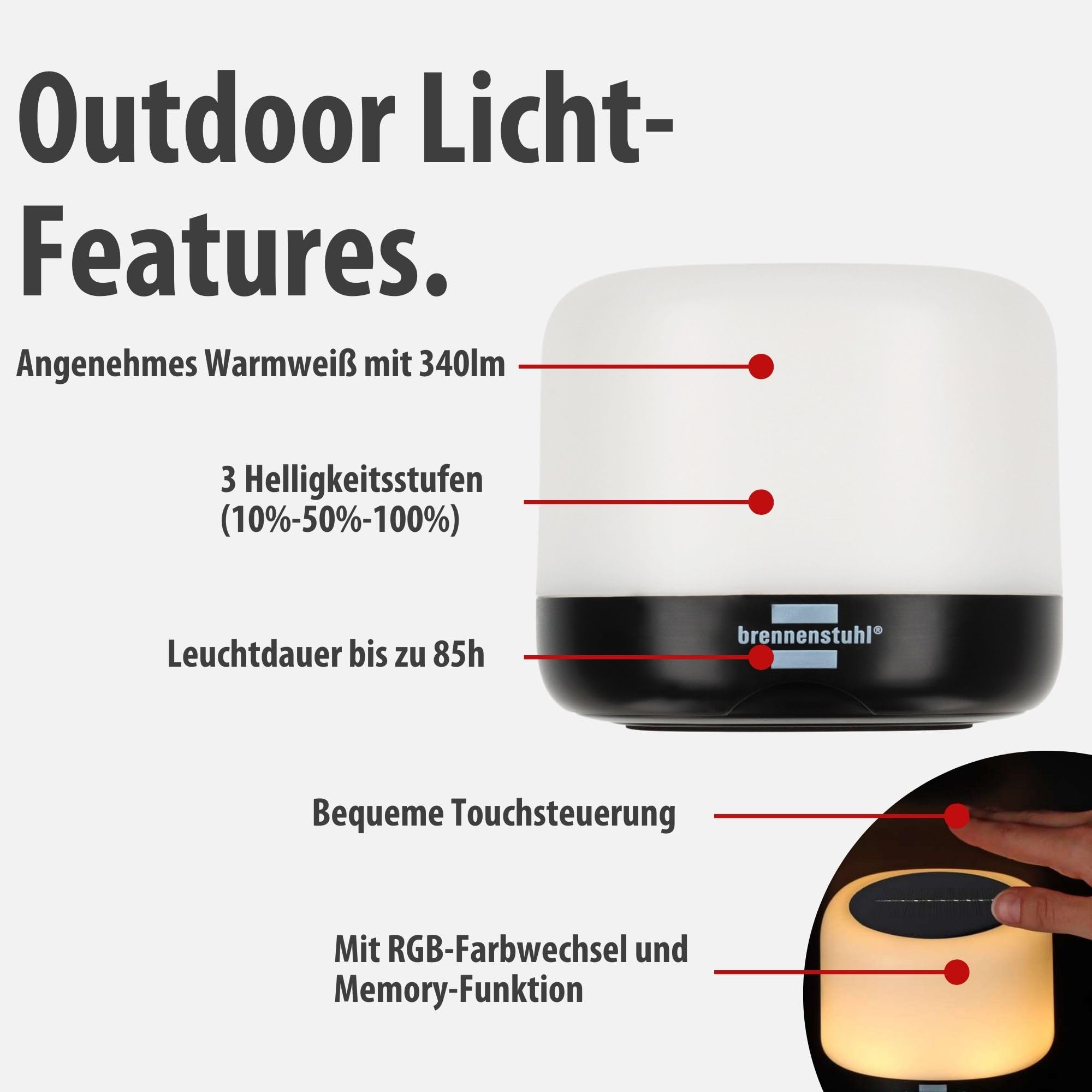 Brennenstuhl Akku Solar LED Outdoor Leuchte RGB GL 100 ASR | Campinglampe IP44 mit 340lm, 10%-50%-100% warmweiß – RGB Farbwechsel, bis zu 85h Leuchtdauer, Powerbank, austauschbarer Akku