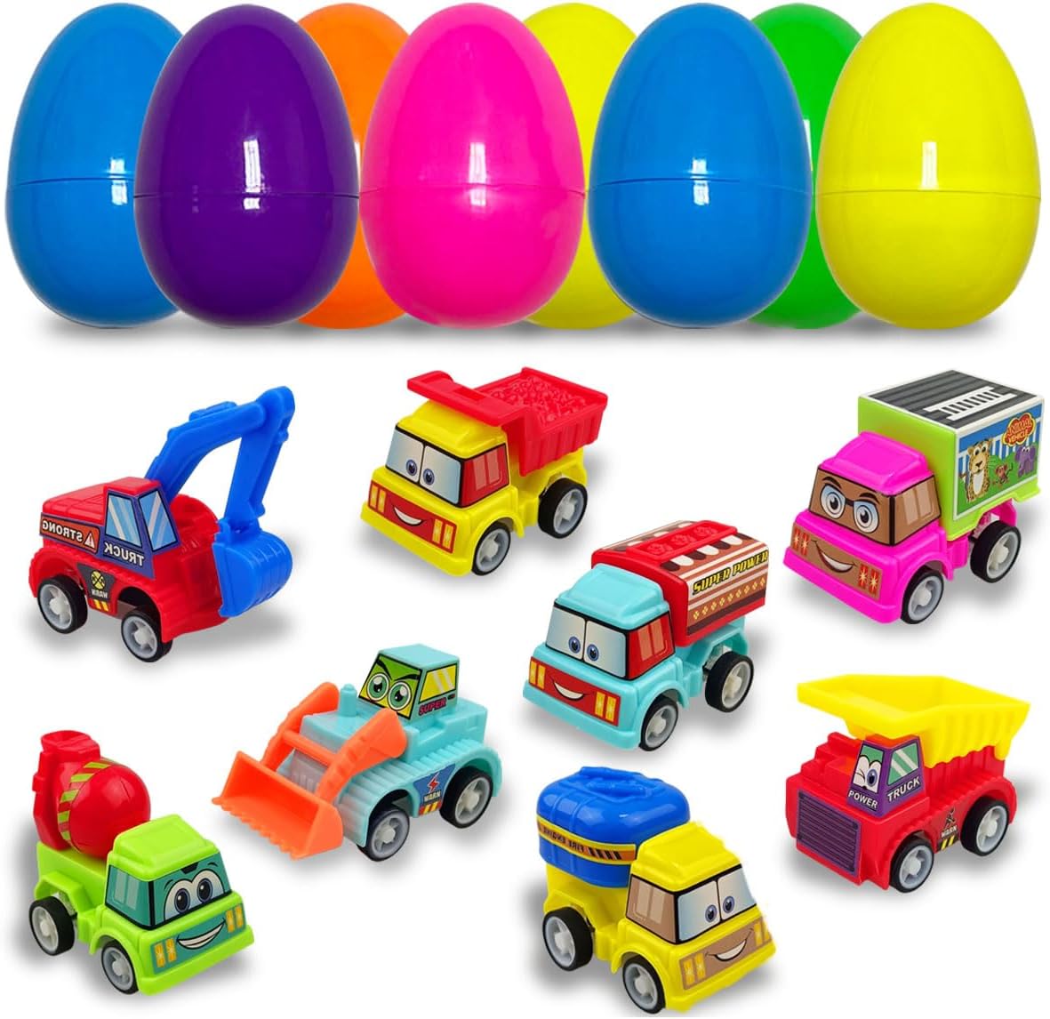 JoFAN 8 Pack Prefilled Plastic Easter Eggs with Pull Back Engineering Cars Toys Inside for Kids Boys Girls Toddlers Easter Basket Stuffers Gifts Party Favors