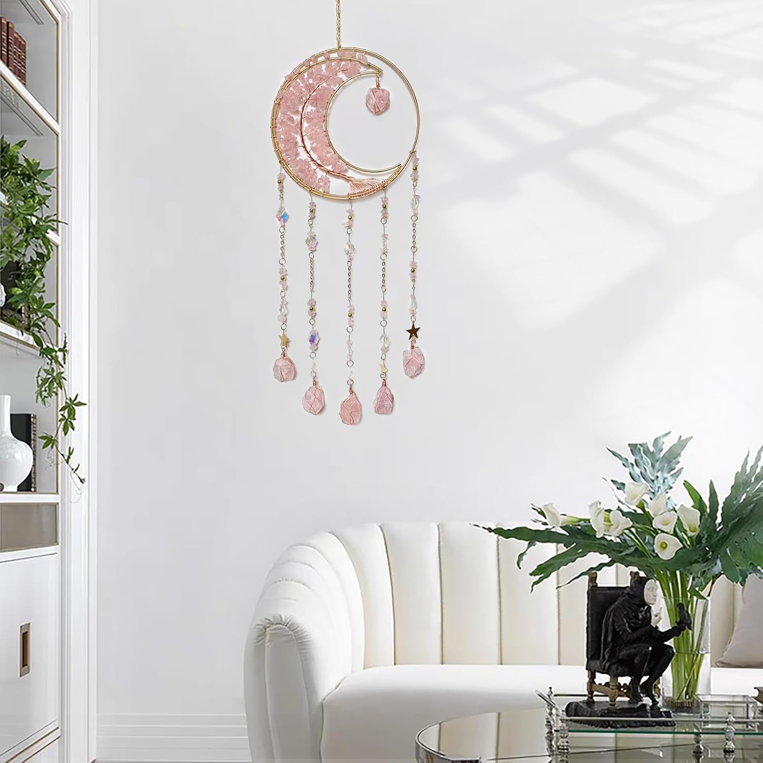 Pink Tree of Life Dream Catcher with Stone Pendant | Handmade, Moon, Wall Decor, Wall Hanging Ornament, Bedroom Living Room Home Decor