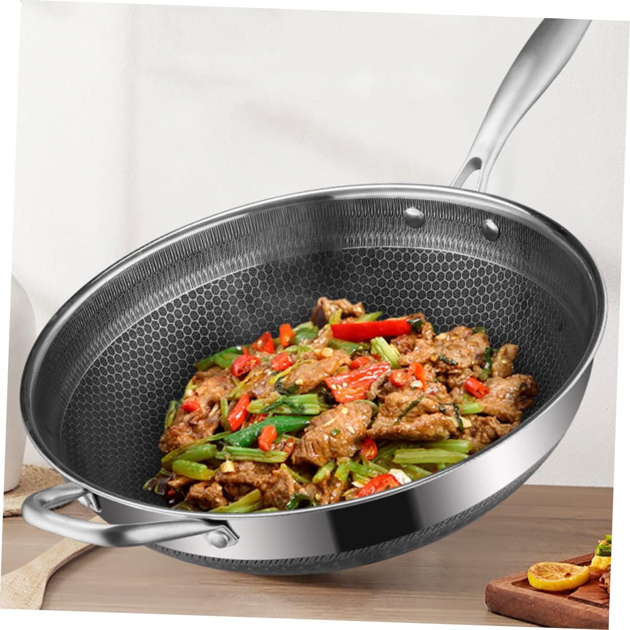 PRETYZOOM Stainless Steel Wok Double Handles Non-stick Frying Pan for Gas and Electric Stoves Scratch Resistant Cookware for Bbq Vegetables and Meats