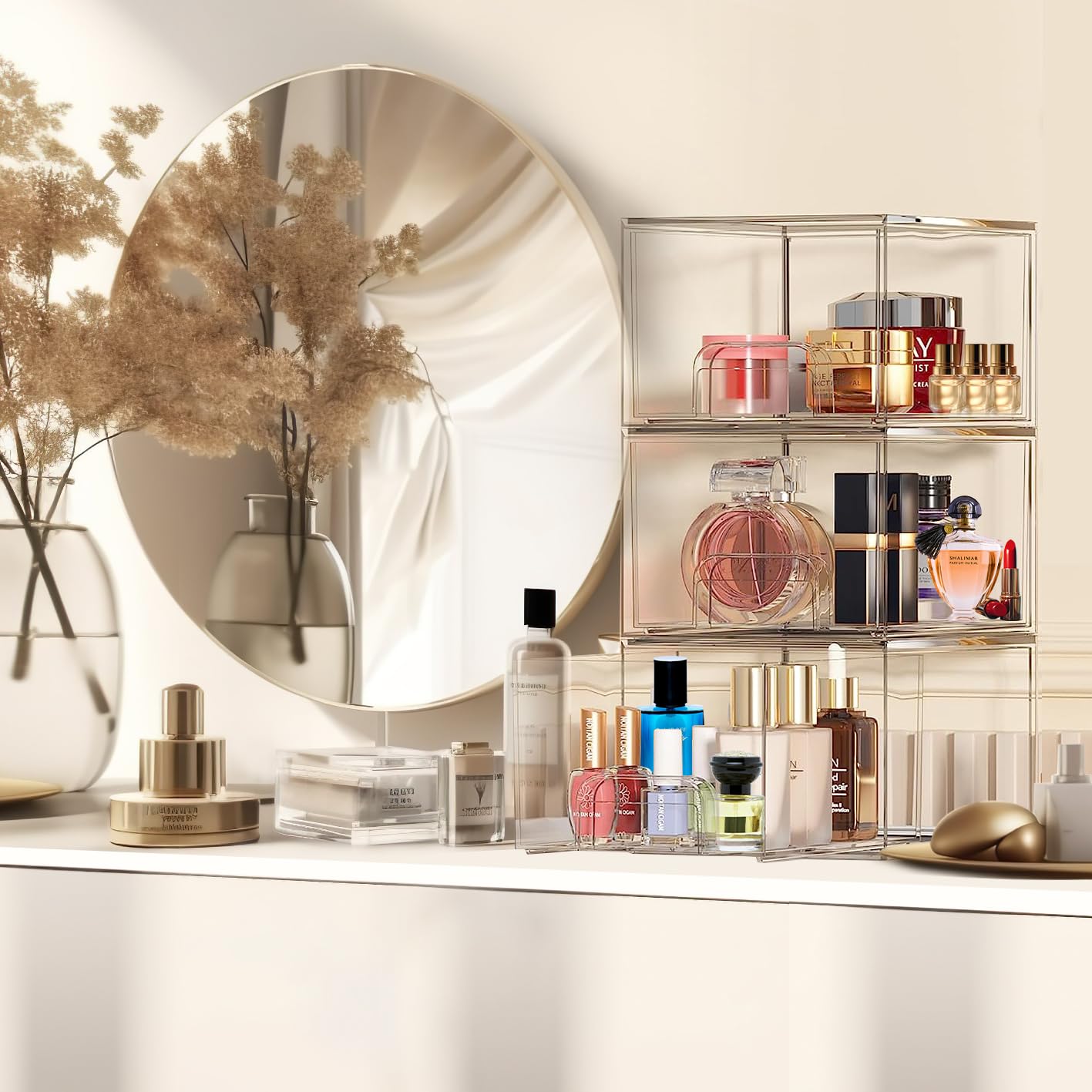 4 Piezas Organizador Apilables Transparentes, Acrílico Organizador Cajones Apilables Cajones Bañocon 32 Antideslizante Antideslizantes para Maquillaje, Baño, Tocador, Refrigerador, Oficina, Cocina