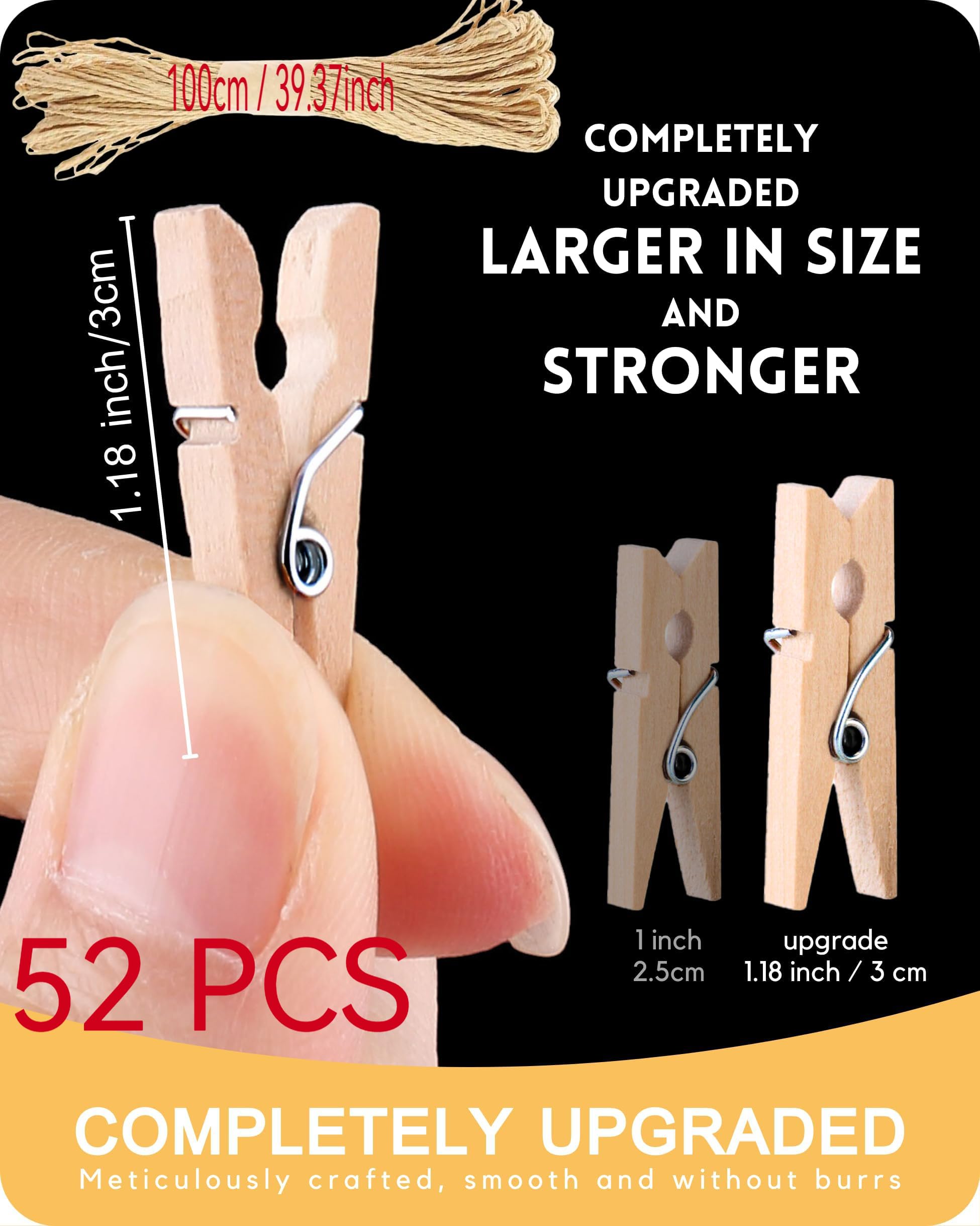 Zestaw 52 drewnianych mini klamerek, 3 cm, naturalne drewniane klamerki do ubrań ze sznurkiem jutowym 10 m, do zdjęć, fototapet, pocztówek, listów