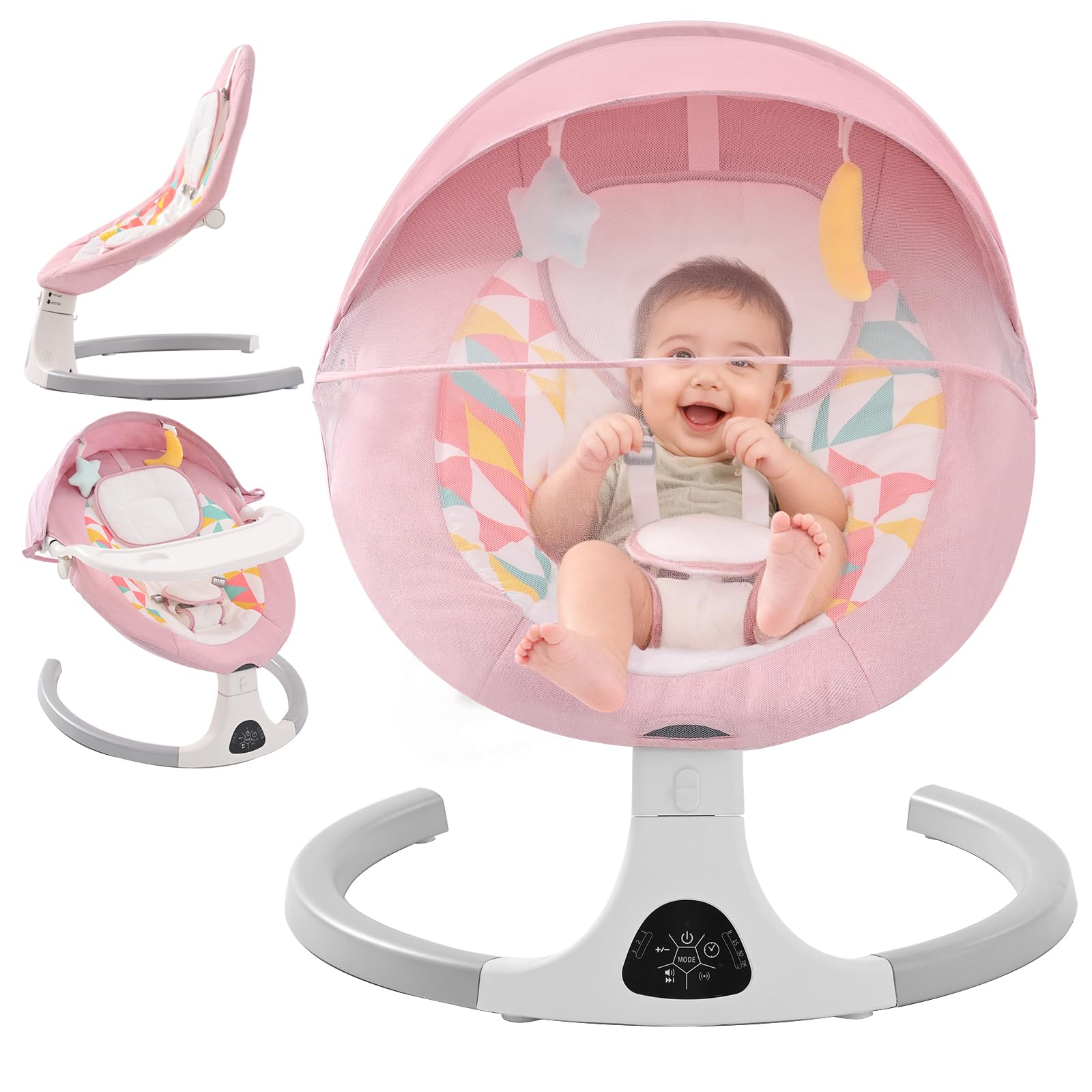 Bebe Balancelle Électrique avec Bluetooth, 5 Vitesses, 3 Angles, Télécommande, Écran Tactile et Plateau Amovible (Rose)