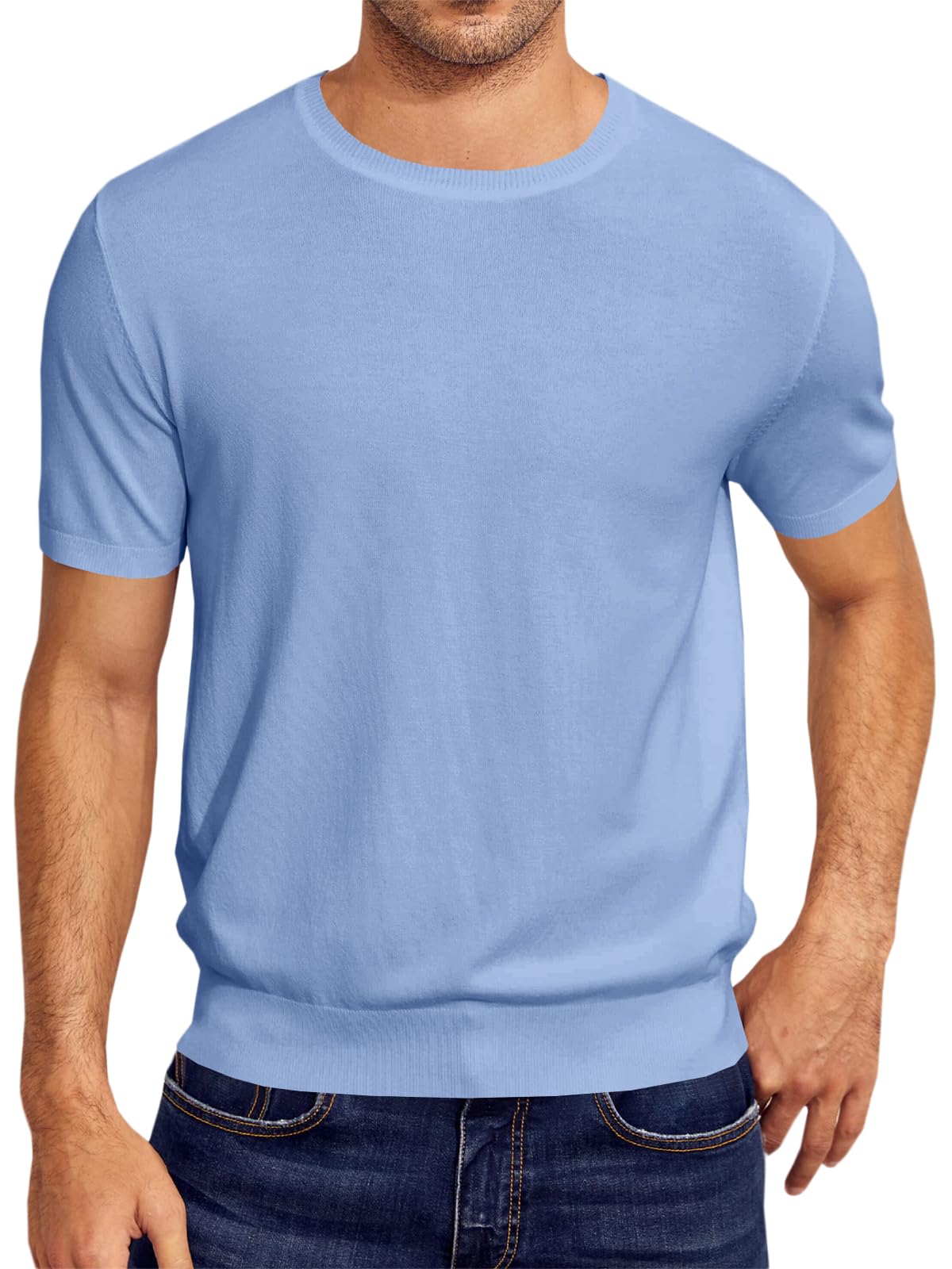 Coutgo Mens Short Sleeve Knit T-Shirts Crew Neck Slim Fit Stretch Pullover Sweater Casual Solid Basic Knitwear