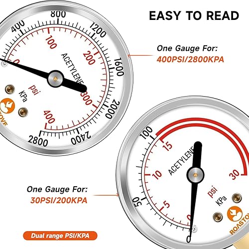 Miniatura 3 de Roastove Manómetros de baja y alta presión para regulador de acetileno 0-30 psi y 0-400psi - 2.5 pulgadas - 14" NPT rosca