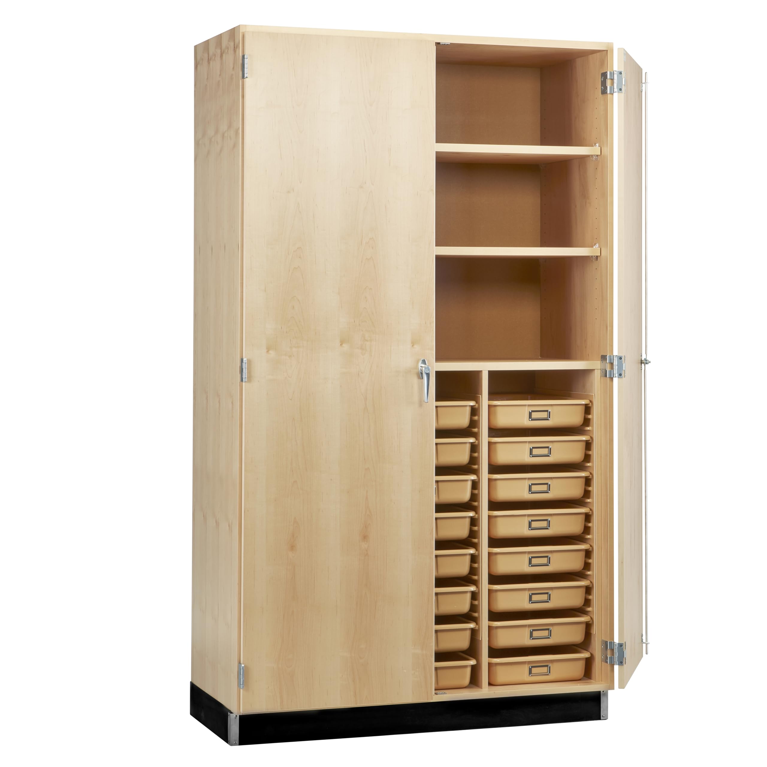 Diversified Spaces School Classroom Tall Tote Tray & Shelf Storage Cabinet, 48" W x 22" D x 84" H, 24 Trays, Maple Construction, Locking Double Doors, Chemical Resistant Finish, Made in USA