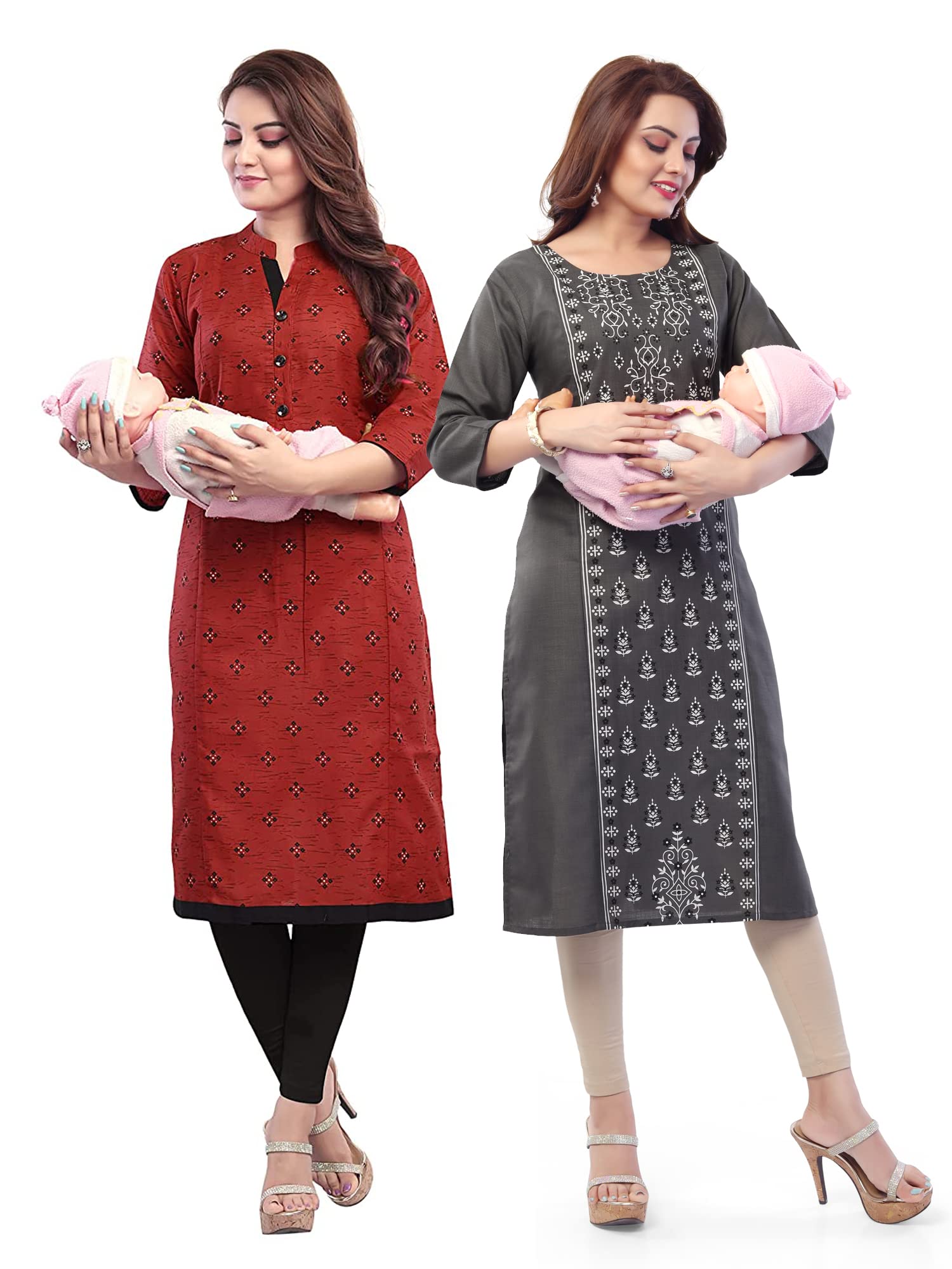 Women's Printed Straight Maternity & Feeding Kurti with Concealed Zip, Combo Pack-image-21