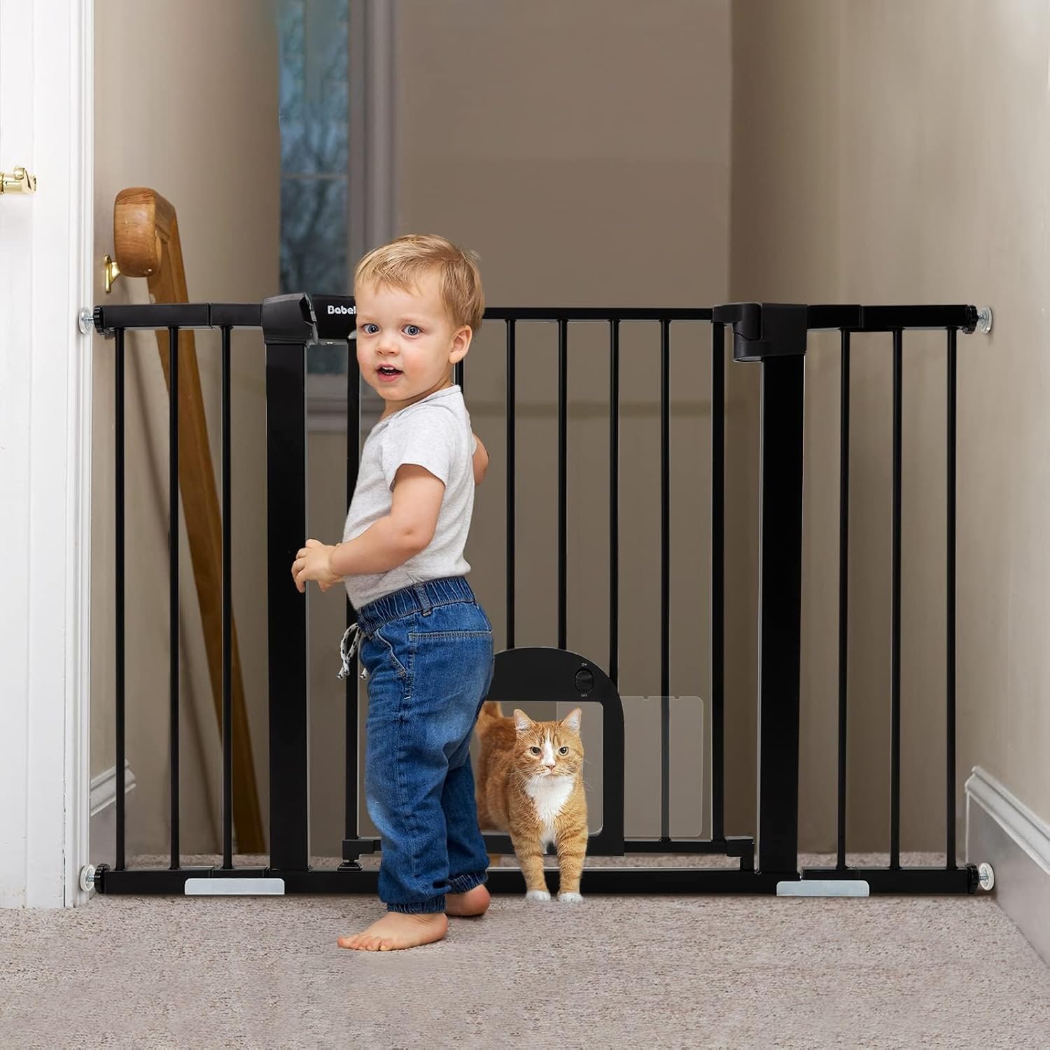 Babelio 2948" Extra Wide Baby Gate with Adjustable Cat Door, Easy