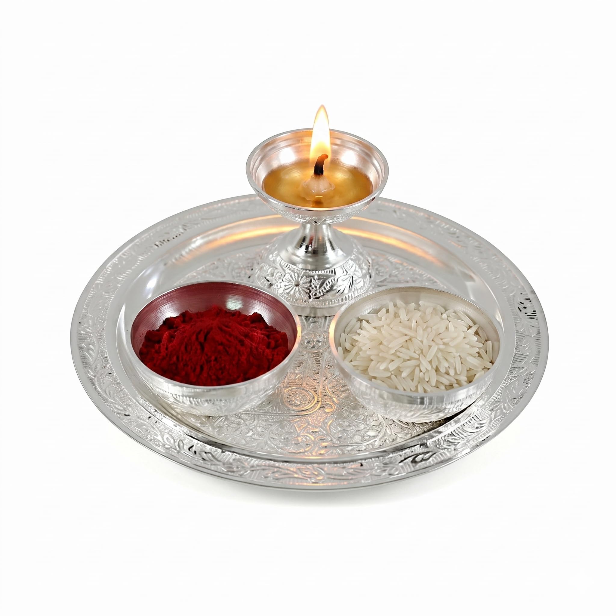 Silver Plated Pooja Thali Set with Diya & Bowls -8