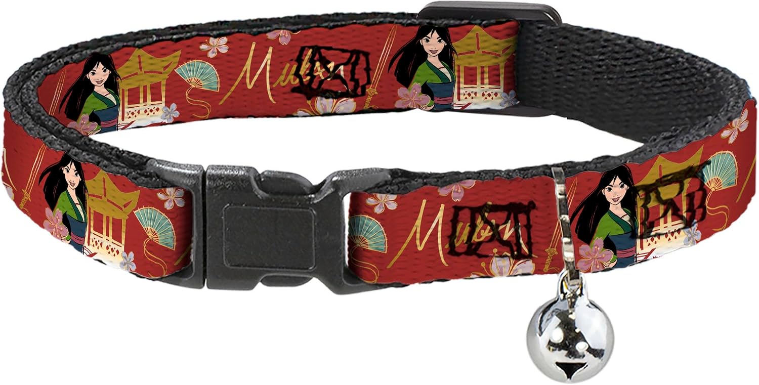 Disney Breakaway Cat Collar | Mulan Gazebo Pose with Flowers and Script Red Golds Durable Adjustable Bell ID Tag Ring