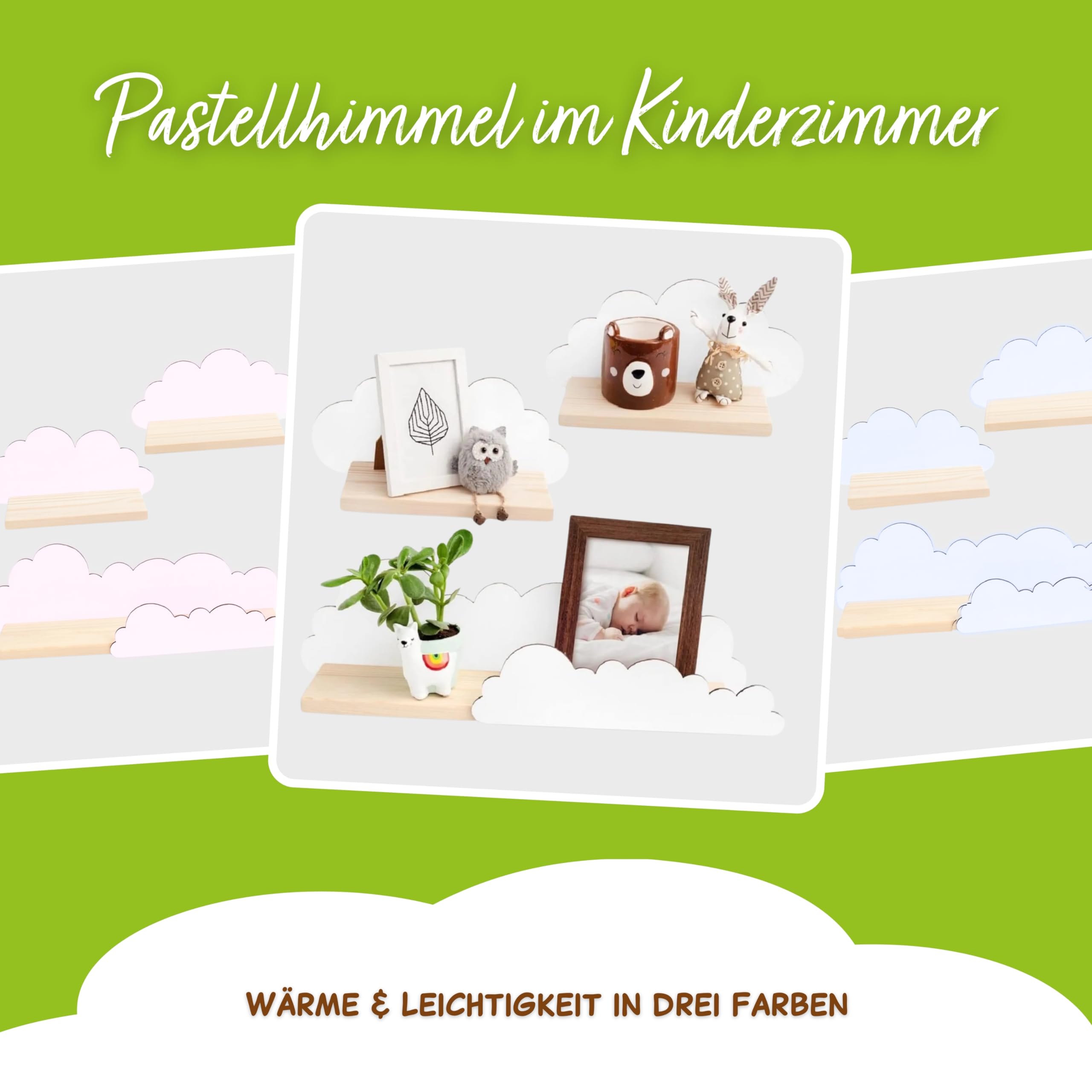 Outentin Wandregal Wolke aus Holz – 3er Set Kinderregal für Kinderzimmer & Babyzimmer – Handgefertigtes Holzregal aus Kiefer – Wandaufbewahrung & Deko für Spielzimmer, Bücher & Spielzeug - Rosa