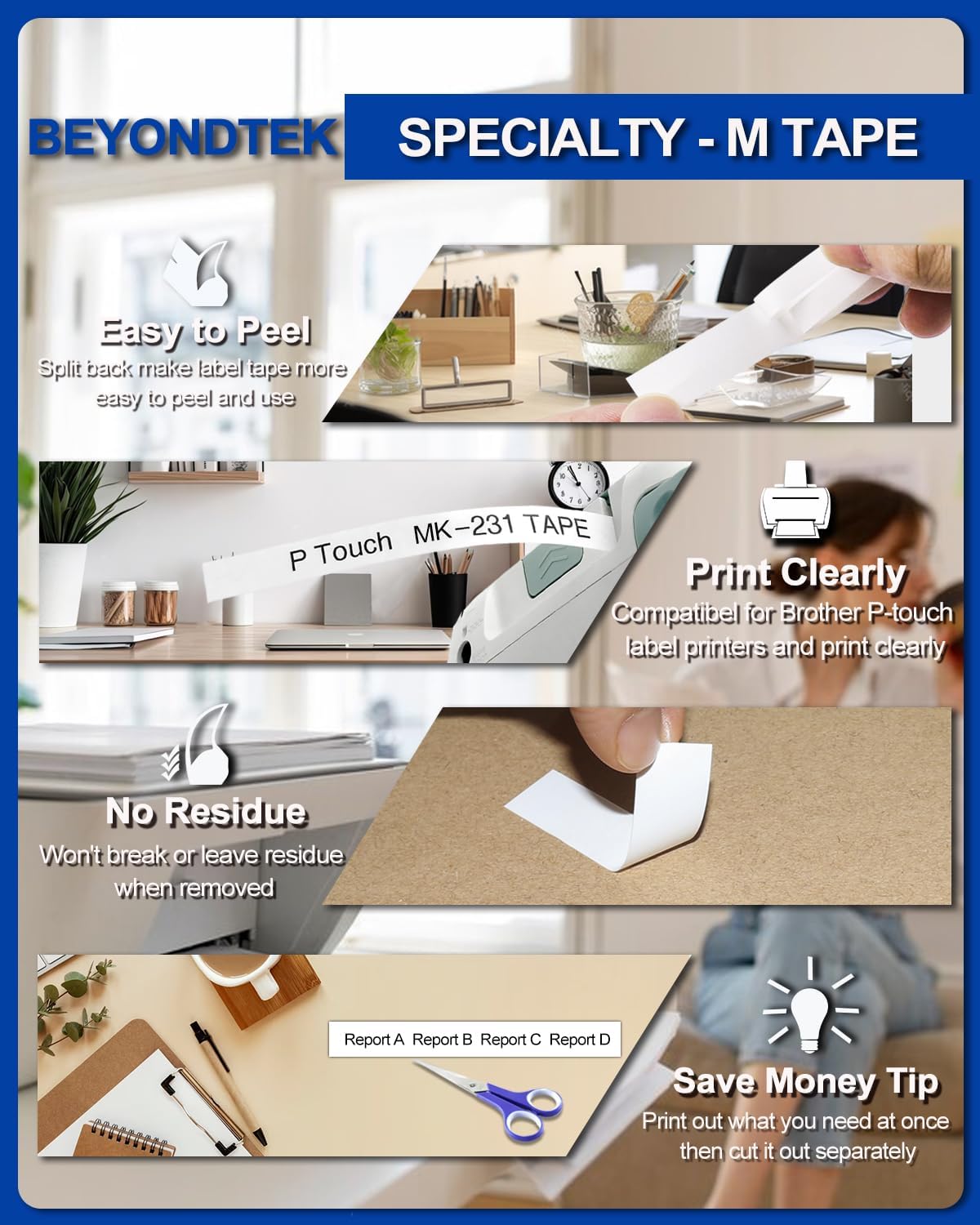 6Pk P Touch M Tape Work with PT-65 PT-70 PT-70BM PT-M95 PTM95 Replace with Brother P Touch M Tape 12mm 0.47 M-K 131 M-K231s 431s 531s 631s 731s for Brother PTouch PT-45 PT-80 PT-90,8m 26.2ft | Suitable for Household, Office, Studio, Commercial, School, Hospital, and Government use（Water-Resistant,Abrasion-Resistant）