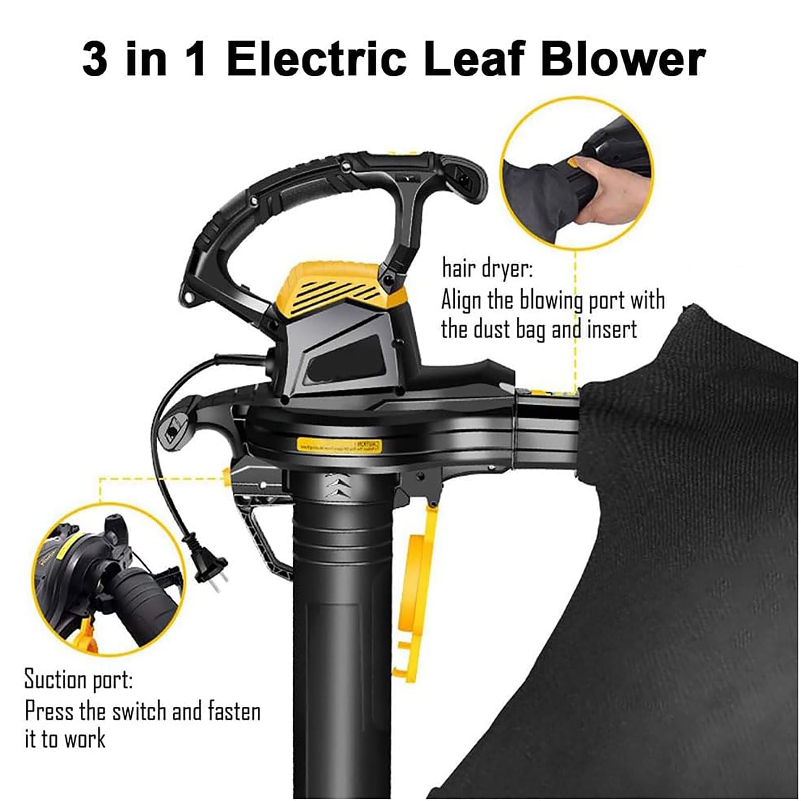 Soplador eléctrico de hojas de 3800 W, soplador de hojas con cable y triturador de hojas con bolsa de colección de 40 L, relación de trituración 16:1, para soplar hojas, astillas, polvo, escombros