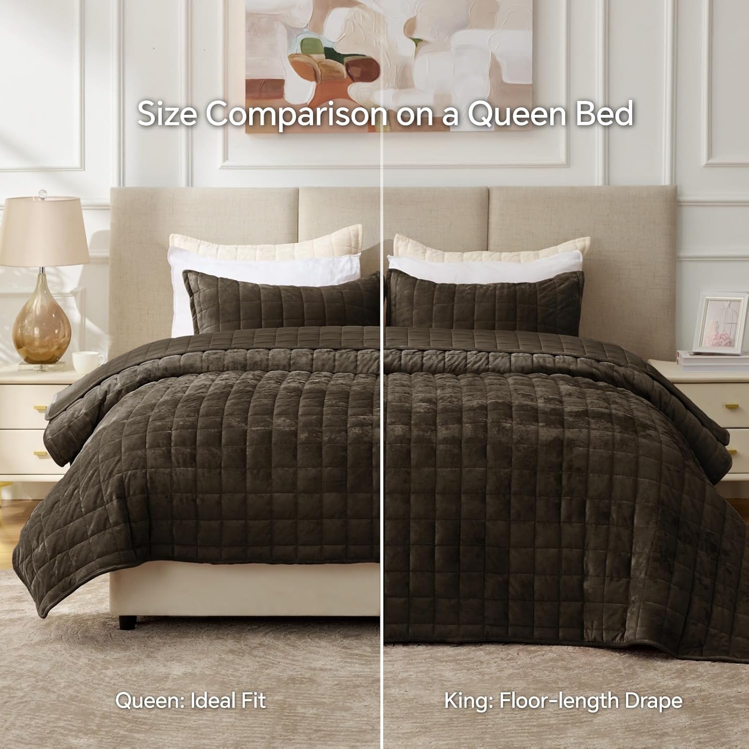 BEDELITE Velvet Quilt Set King Size - Luxury Velvet Comforter Bedding Set 3 Pieces, Lightweight Soft Cozy Mocha Brown Oversized Bedspread Coverlet for All Seasons with 2 Pillow Shams
