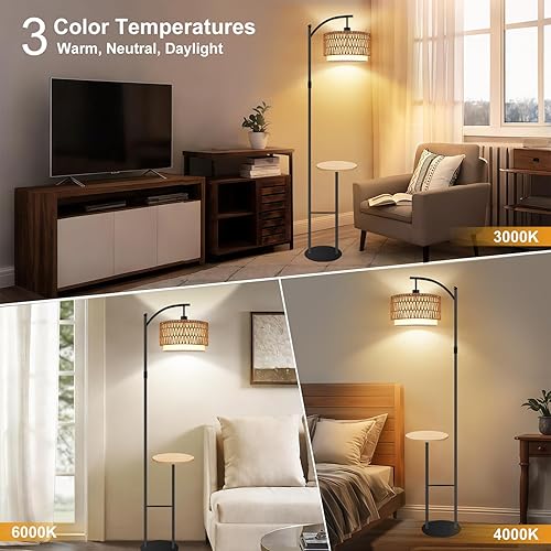 Miniatura 2 de Lámpara de pie de arco con mesa, lámparas de pie de ratán boho para sala de estar con control remoto regulable 3 temperaturas de color, lámpara de